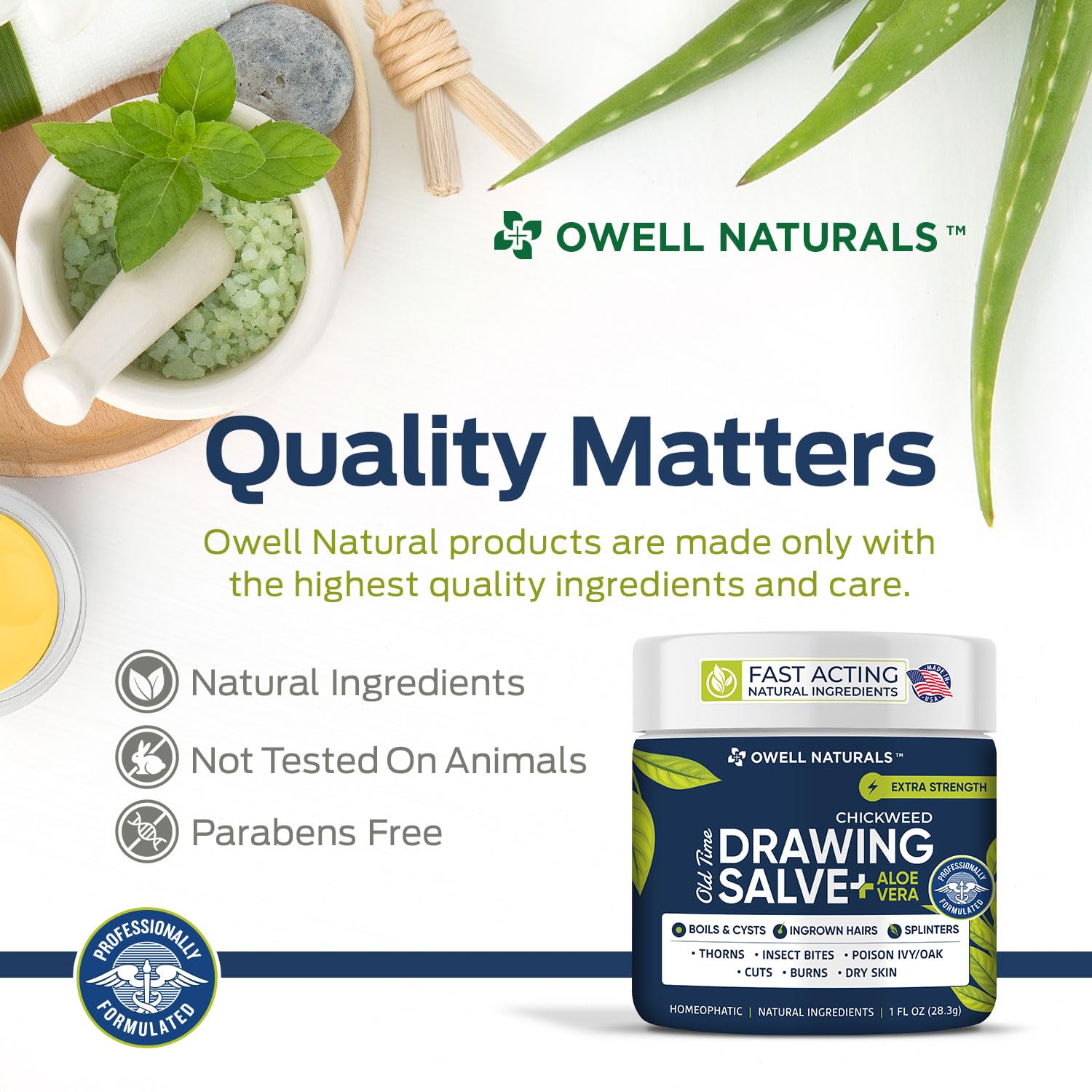 Owell naturals Chickweed Drawing Salve with Aloe Vera for boils, Cyst, Splinters, Poison Ivy/Oak, Skin Disorder, Irritations, Burns, Minor Cuts, Dry Skin, Itching