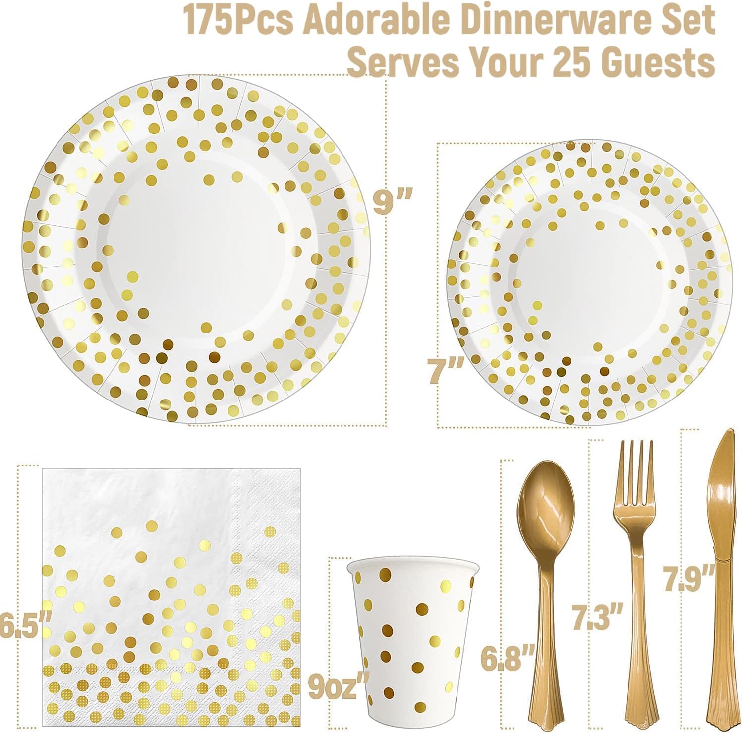 AIRE 175-piece white and gold paper plate set for parties, includes plates for 25 guests, elegant party supplies.