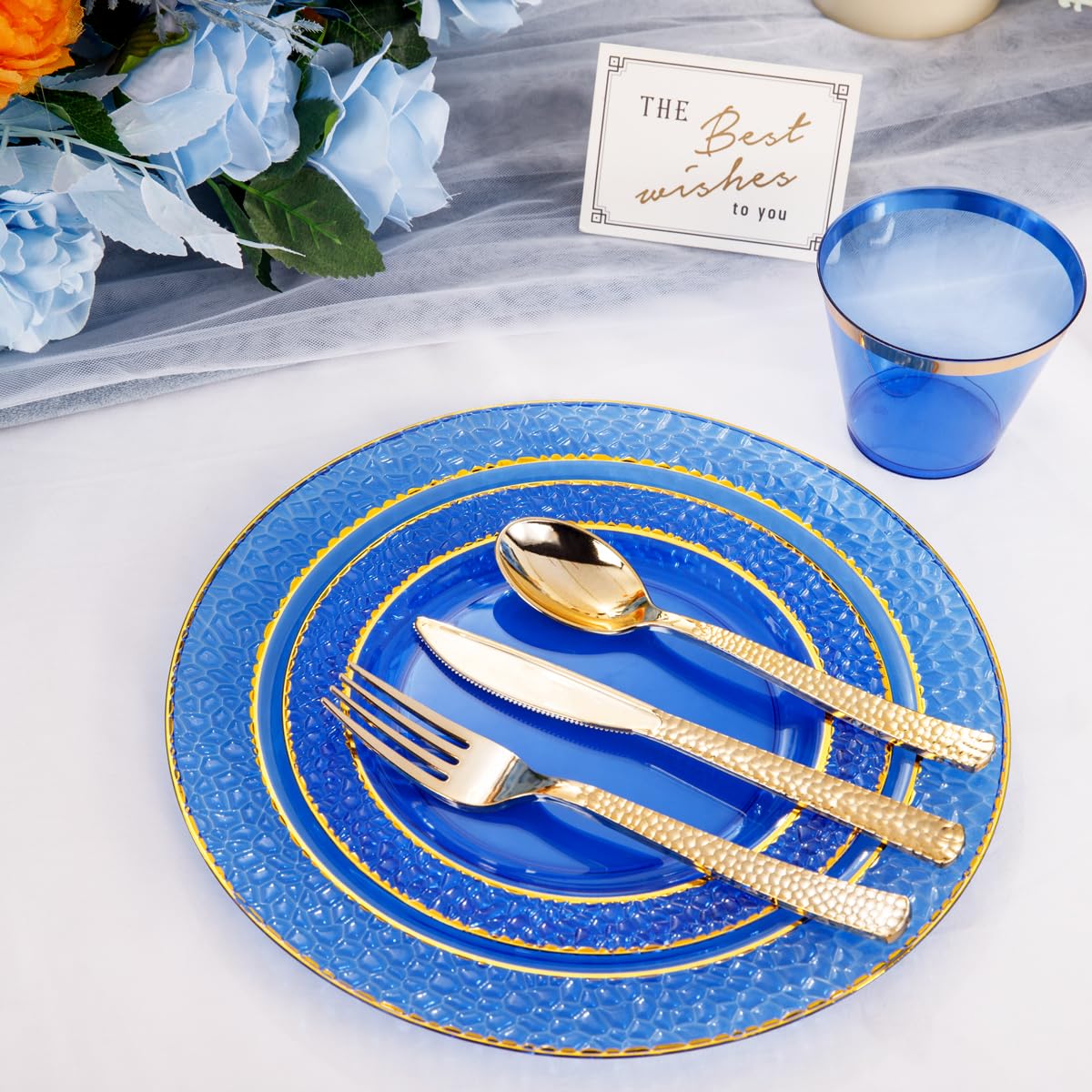 Nervure 150PCS Clear Blue Plastic Plates with Gold Hammered - Nervure Official Imagery - 6