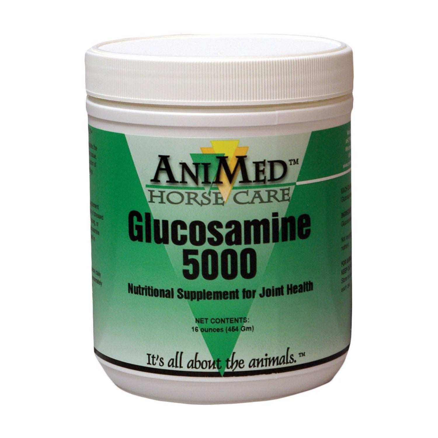 AniMed Horse Glucosamine 5000 supplement in 16 oz container, showing the product label and packaging for joint support.
