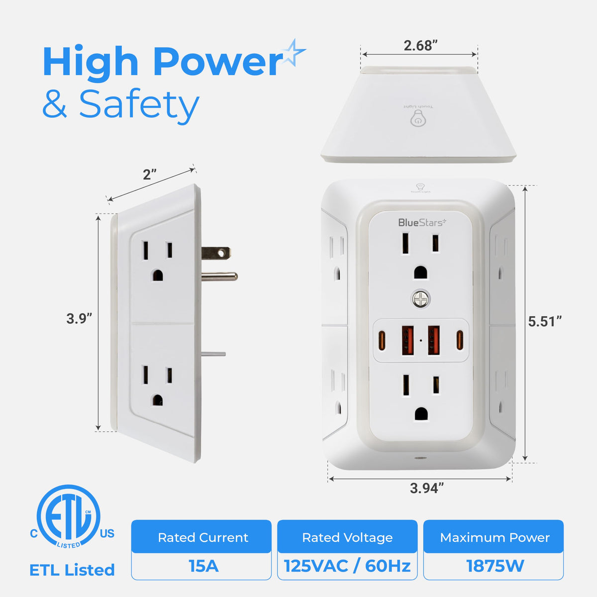 Wall Mount Power Strips Wall Charger 6 Outlet Extender 4 USB - BlueStars Official Imagery - 4