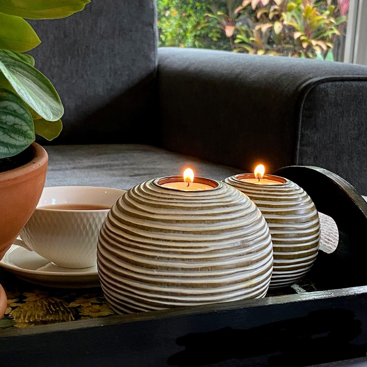 Tuva Brown Orb Tea Light Candle Holders Gift Boxed Set of 2 - Huey House Official Imagery - 6