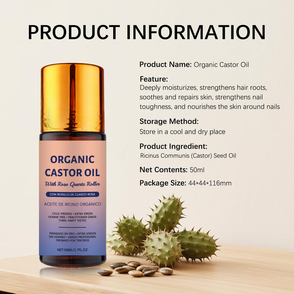 2 Pcs Organic Castor Oil with Rose Quartz Roller 100 Pure - JISKG Official Imagery - 3