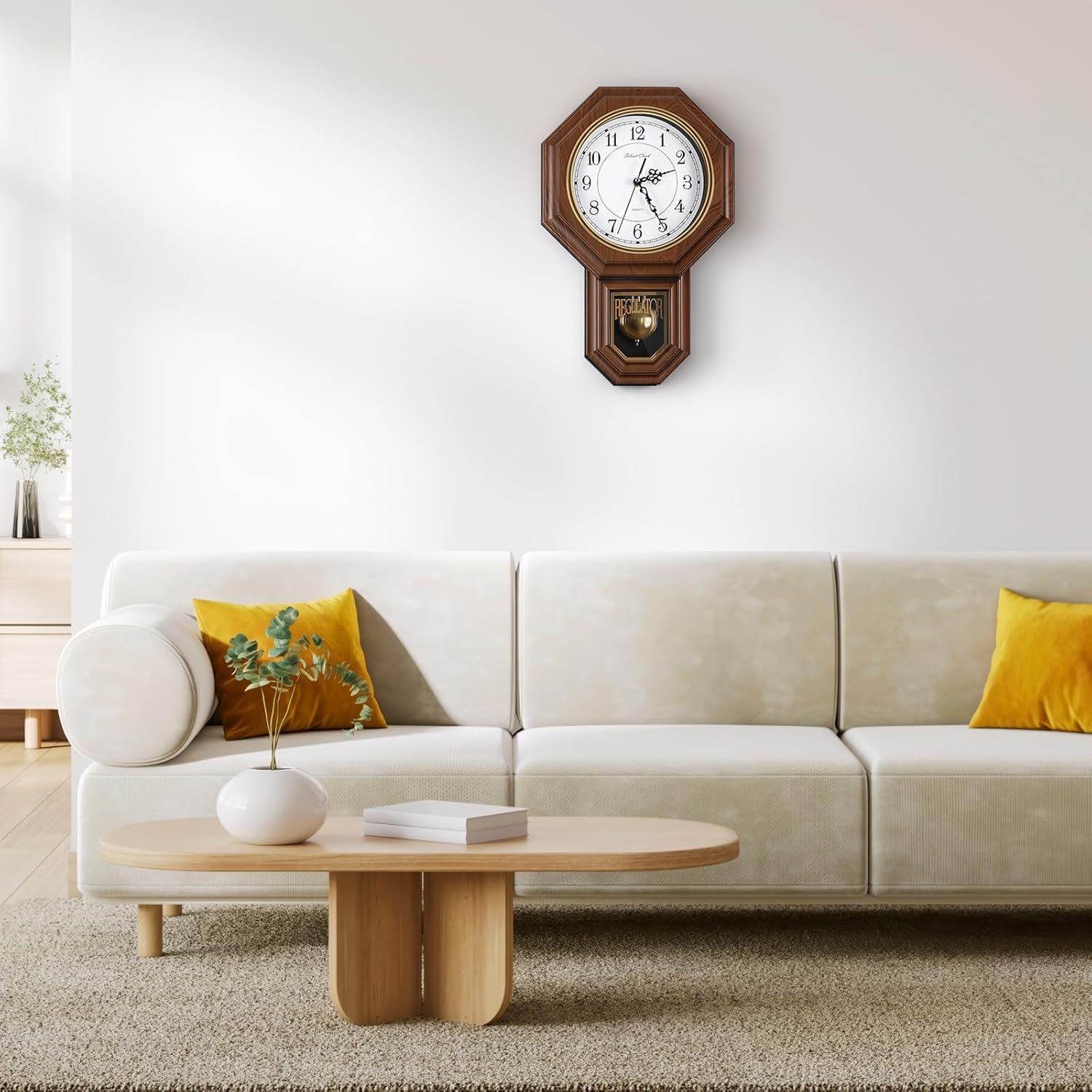 KANEODOT battery-operated pendulum wall clock with imitation wood plastic finish, classic regulator style for home decor