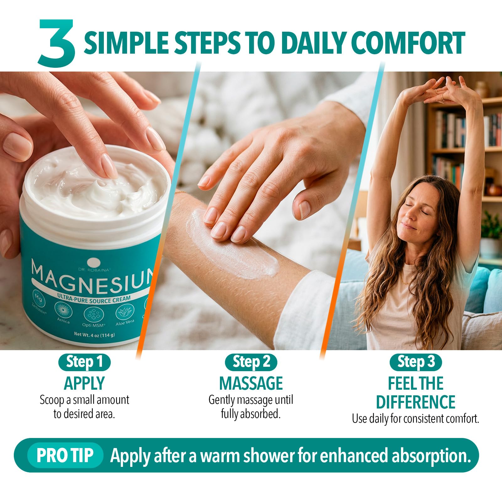 Dr. Robaina Magnesium Cream – Zechstein Magnesium Chloride with Arnica & OptiMSM for Post-Workout Muscle Comfort & Daily Wellness, 4 oz