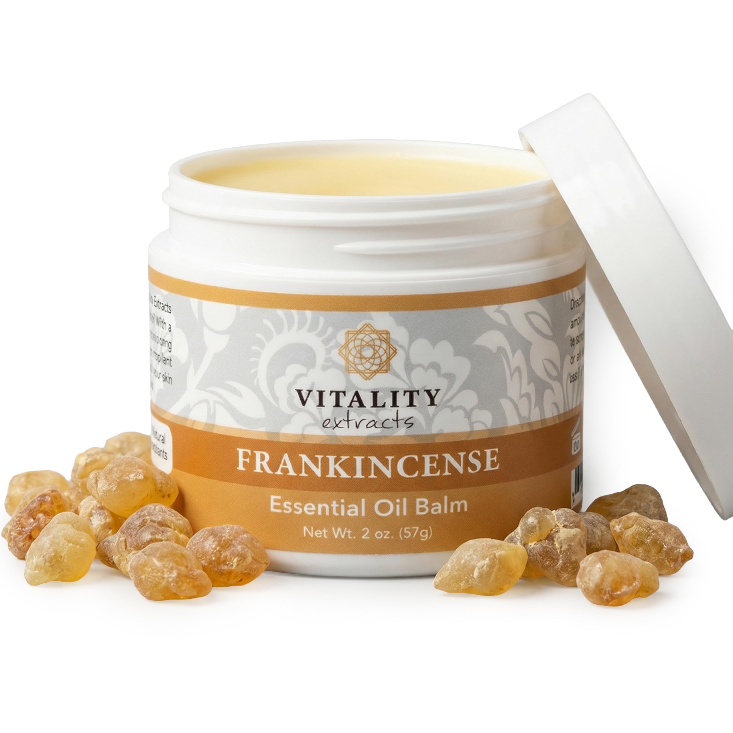 Vitality Extracts Frankincense Balm skin moisturizer with beeswax and vitamin E, shown in a jar with natural ingredients.