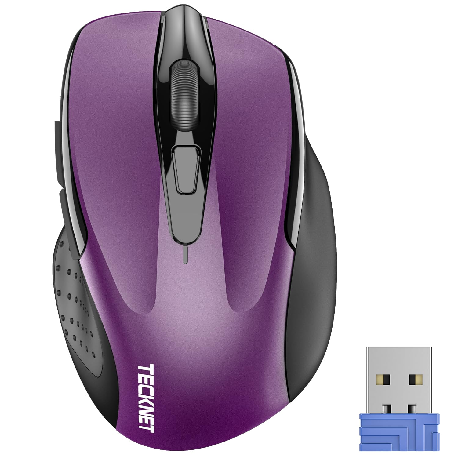 TECKNET wireless ergonomic computer mouse in purple with 2600 DPI, 2.4G wireless connectivity, and contoured design for comfort.