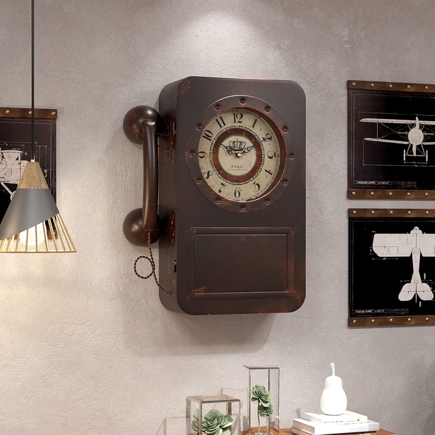 Abdurey retro wall clock with old telephone design, hidden safe compartment, battery-operated quartz movement, vintage style clock.