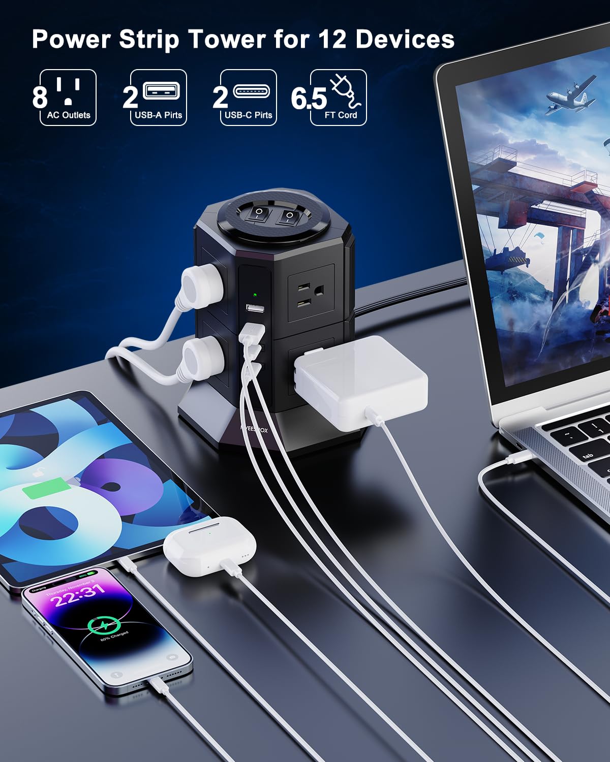 Surge Protector Power Strip Tower Flat Plug Power Strip with - NVEESHOX Official Imagery - 3