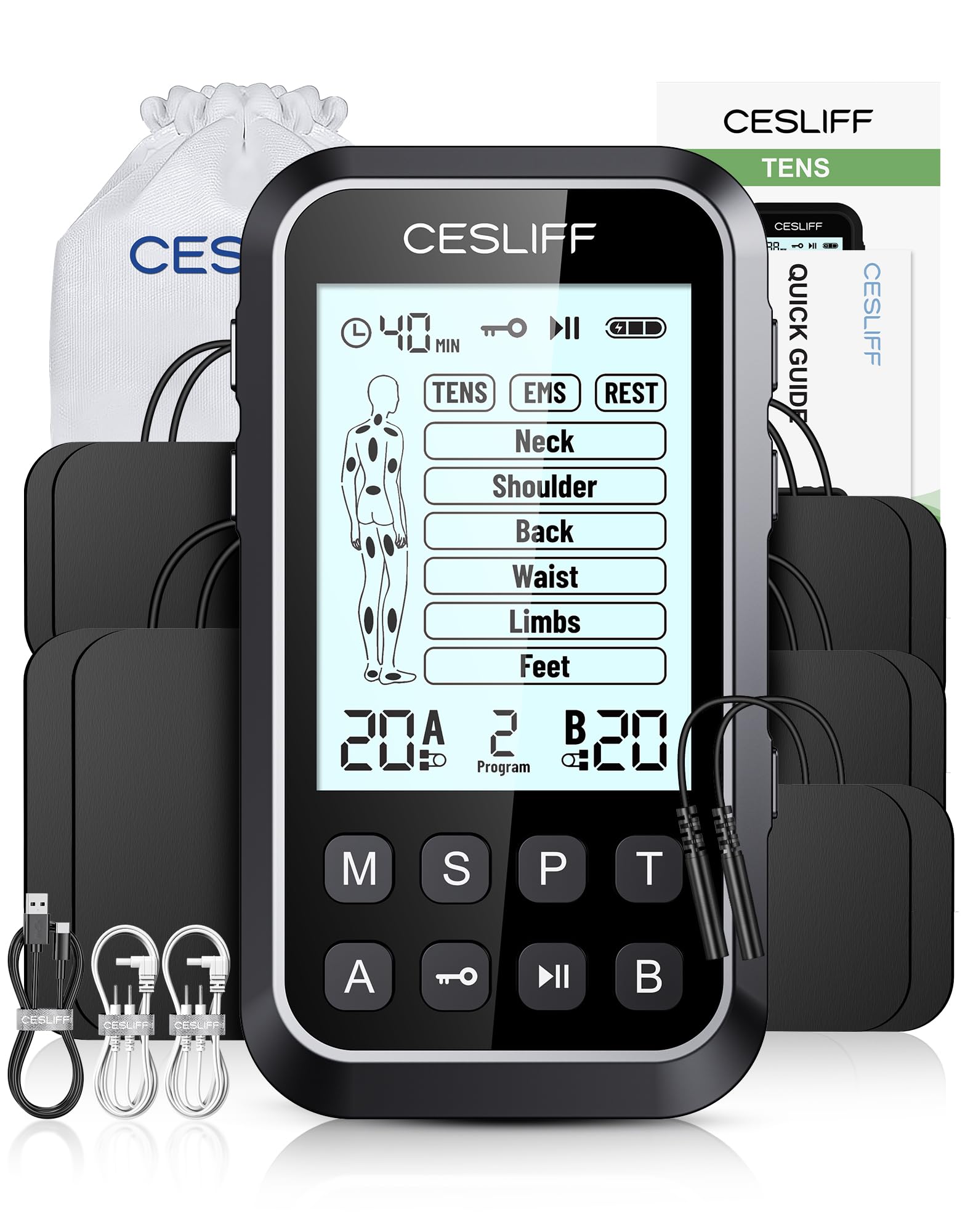 CESLIFF Dual Channel TENS Unit 3-in-1 Muscle Stimulator Machine with 36 Modes & 20 Levels for Shoulder, Back, Neck, Sciatica Pain Relief