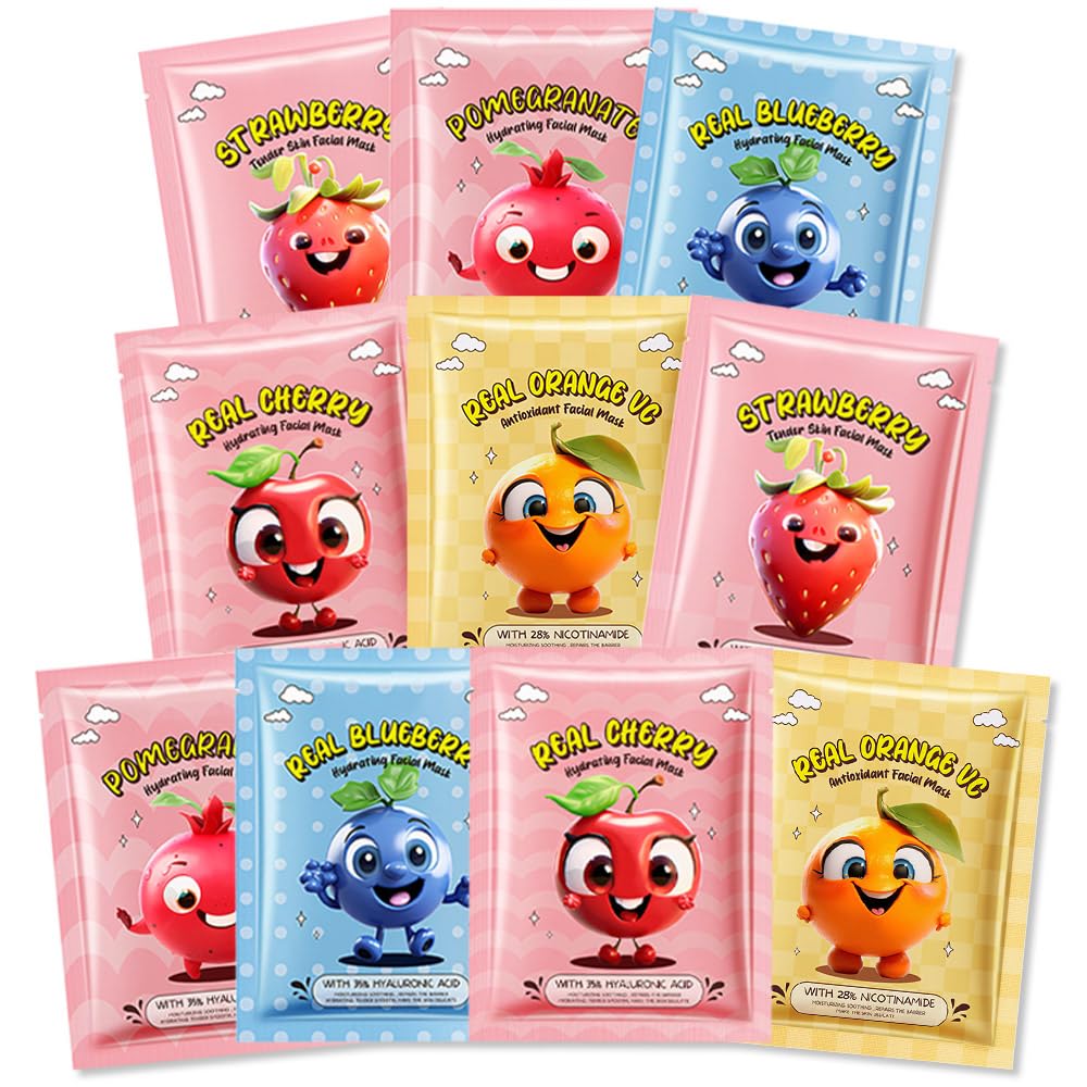 10 Pack Fruit Face Masks for Kids, Kids Face Mask Spa Day Kit - Kaely