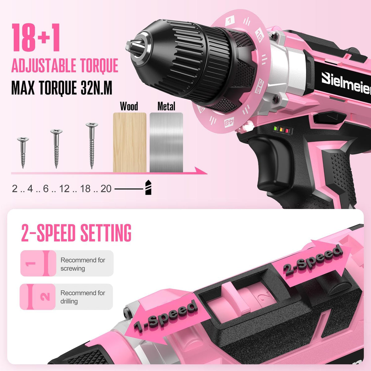 Bielmeier 20V 236Pcs Cordless Pink Drill Set for Women Home - BIELMEIER Official Imagery - 8