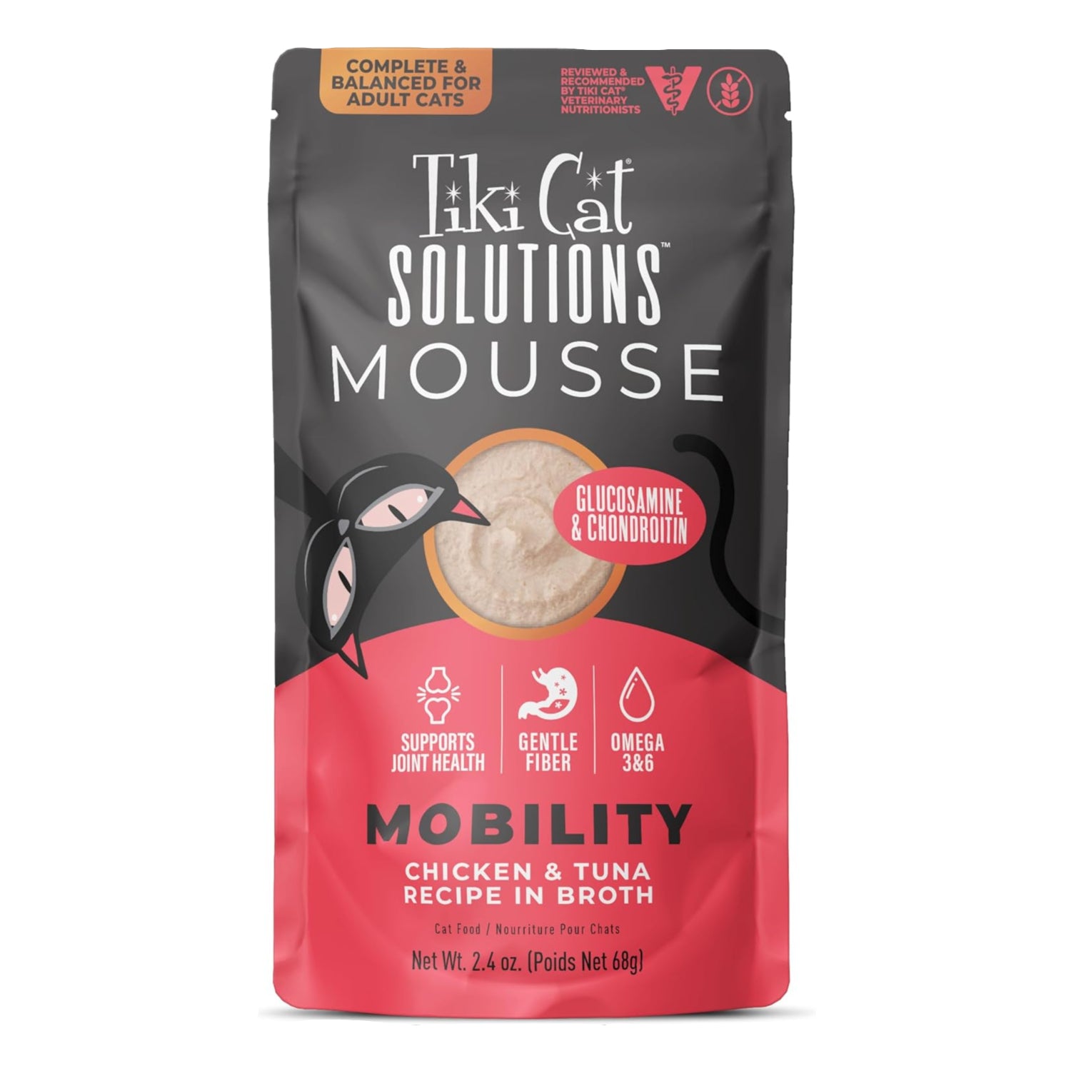 TIKI PETS Tiki Cat Solutions Mobility Mousse in 2.4 oz chicken and tuna broth pouches, supporting feline mobility and health.