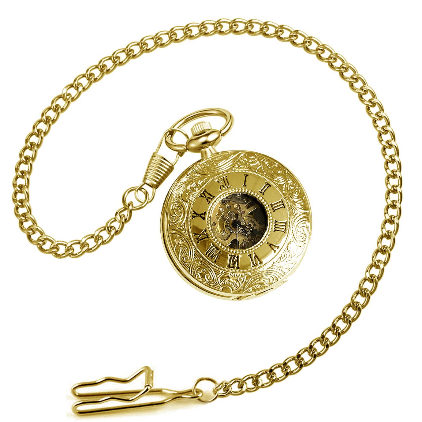 VIGOROSO Gold Mechanical Pocket Watch with Chain for Men