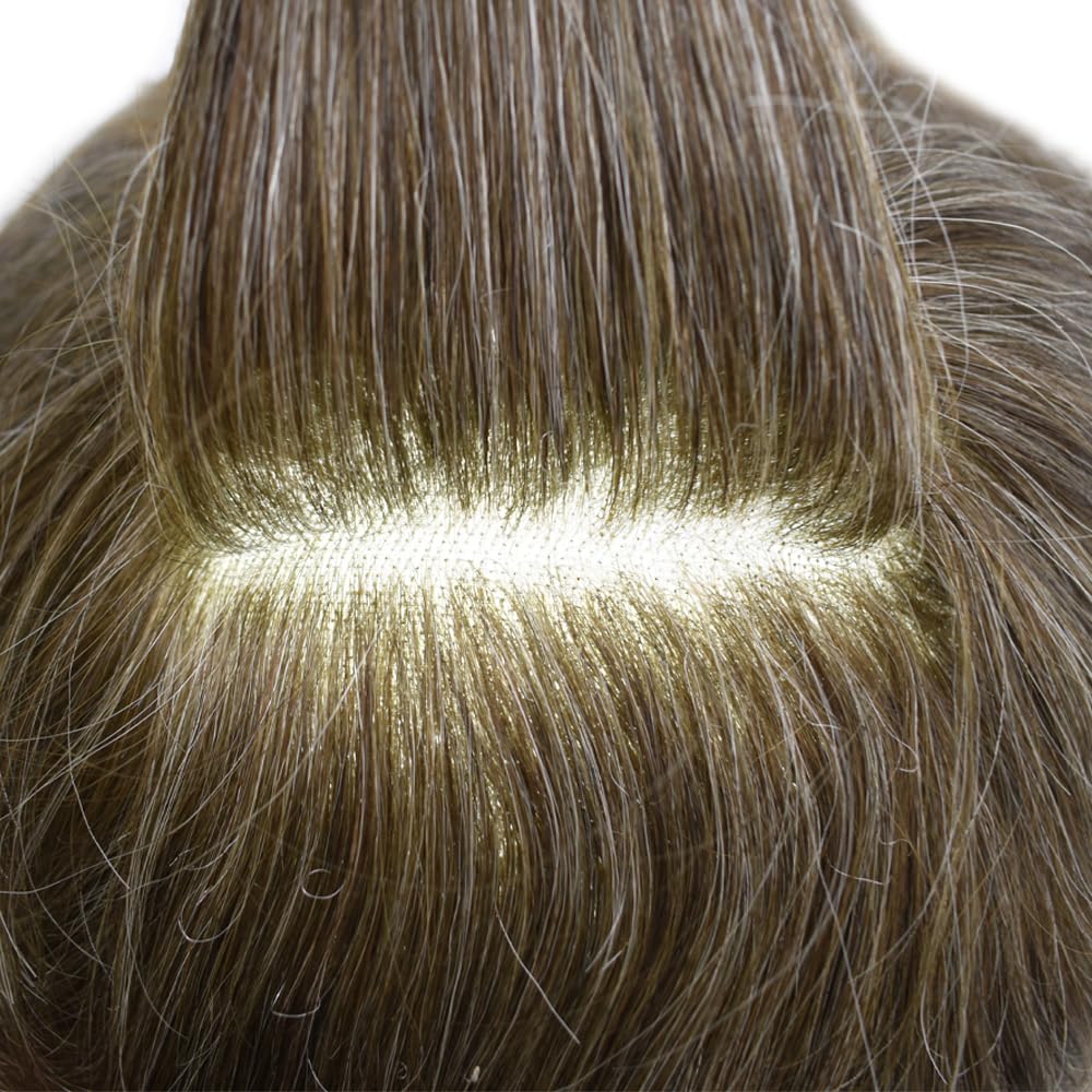 Curve Hair Mens Toupee Human Hair Piece Replacement System Monofilament Wig Hair Unit for Men Durable Poly Coated Mens Hairpiece (#440 Medium Brown+40% Gray, 7"X9")