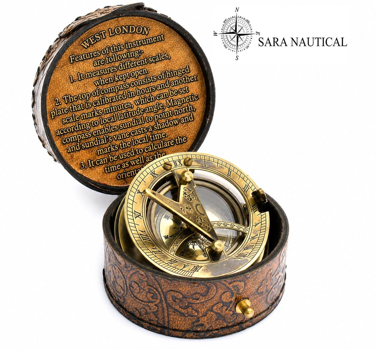 SARA NAUTICAL Antique Brass Sundial Compass Sundial Clock in - SARA NAUTICAL Official Imagery - 8