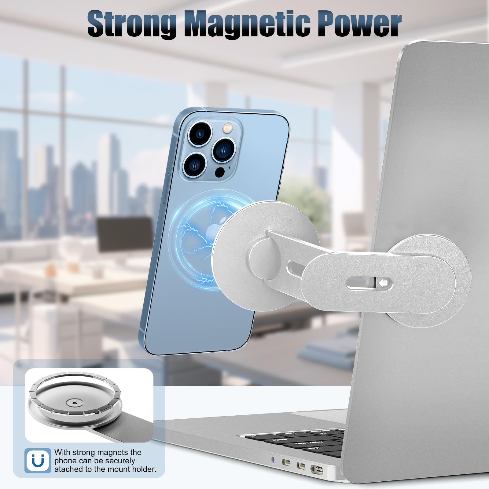 Aerbeis Updated Magnetic Laptop Phone Holder - Adjustable Continuity Camera Mount Stand Compatible with MagSafe, Slim Laptop Mount Computer Expansion Bracket for All Smartphone Silver