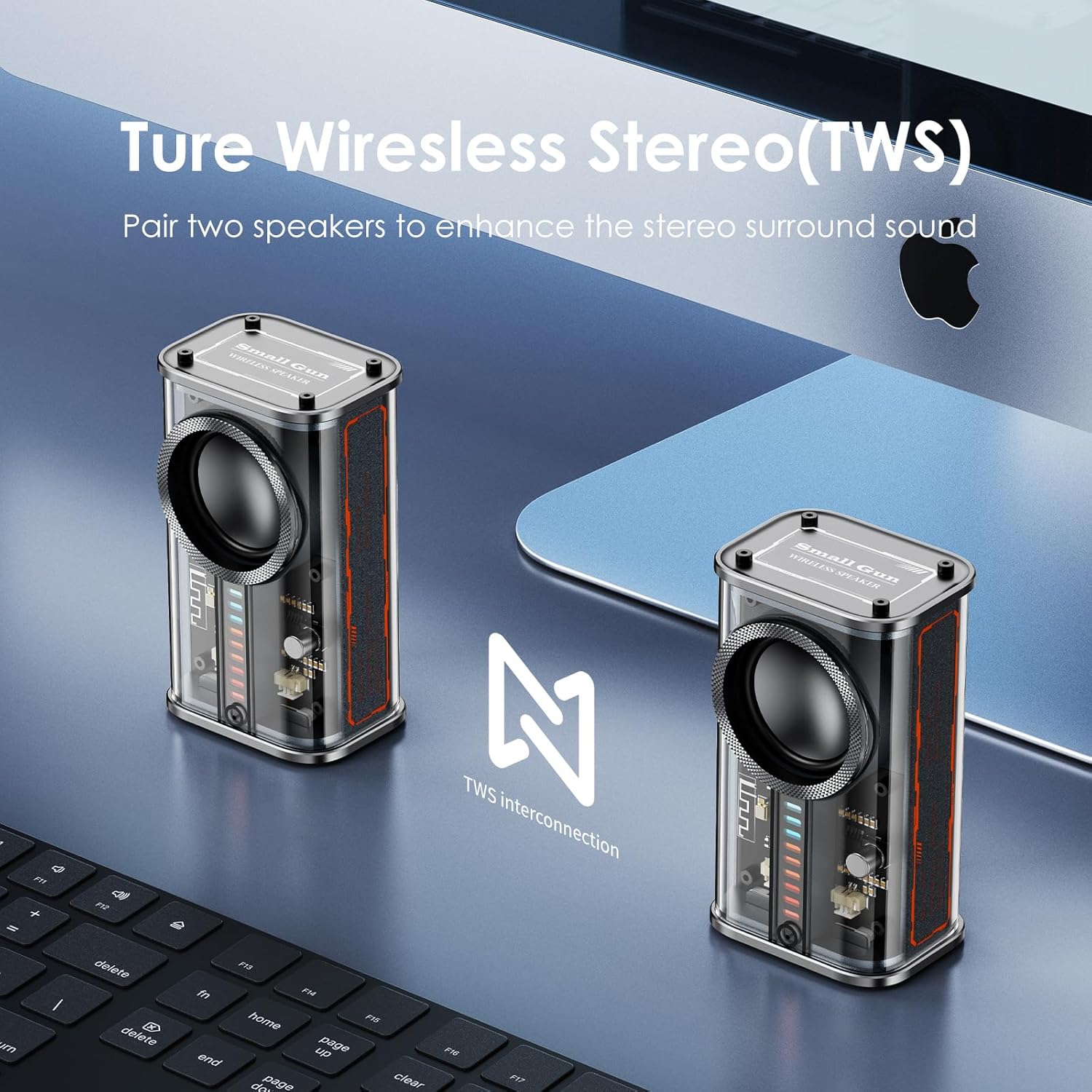 Black BSZHI transparent wireless Bluetooth portable mini speaker showing compact design and control buttons.