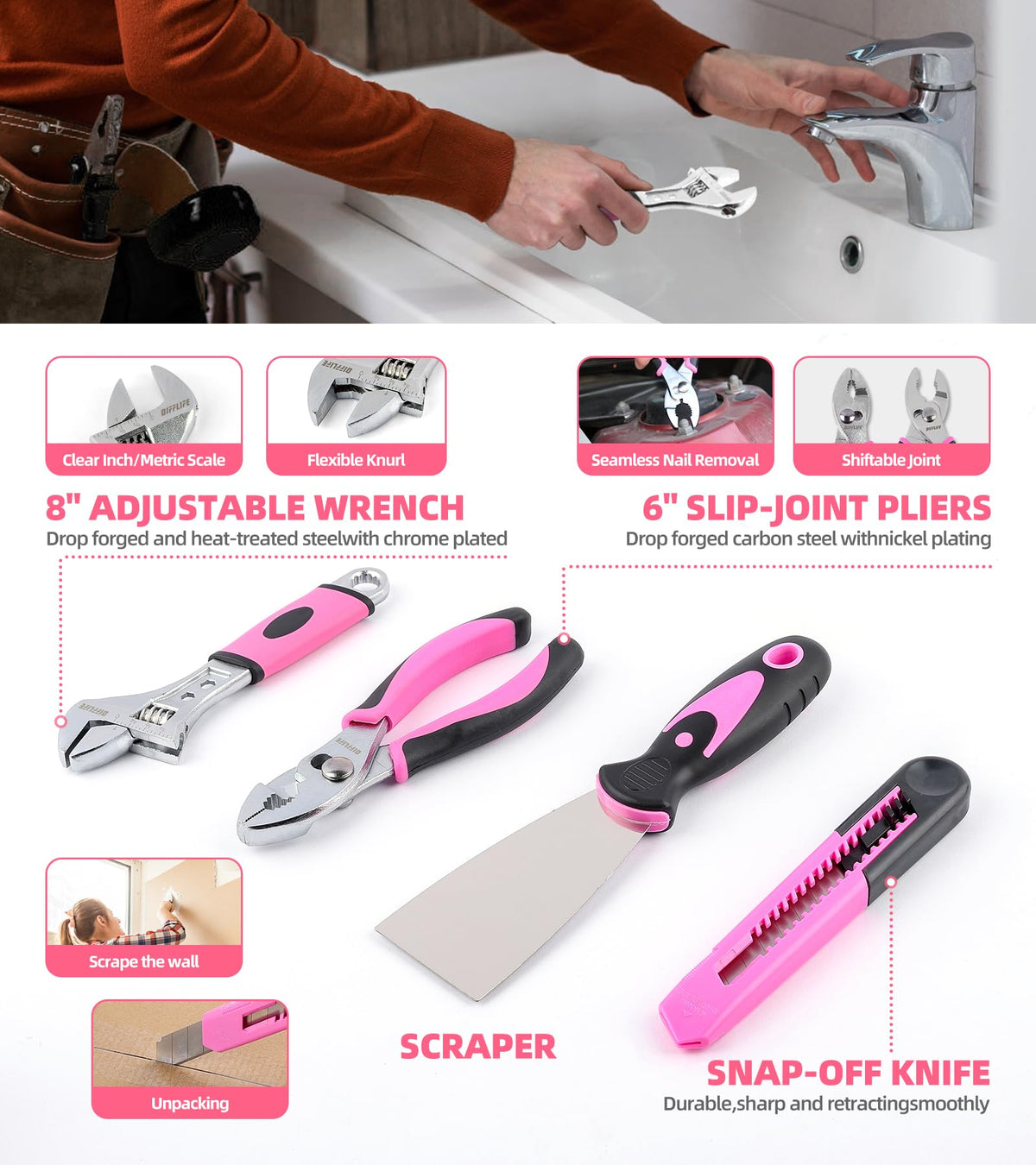 143 Piece Pink Tool Set Home Repair Kit with Power - DIFFLIFE KINETIX Official Imagery - 6