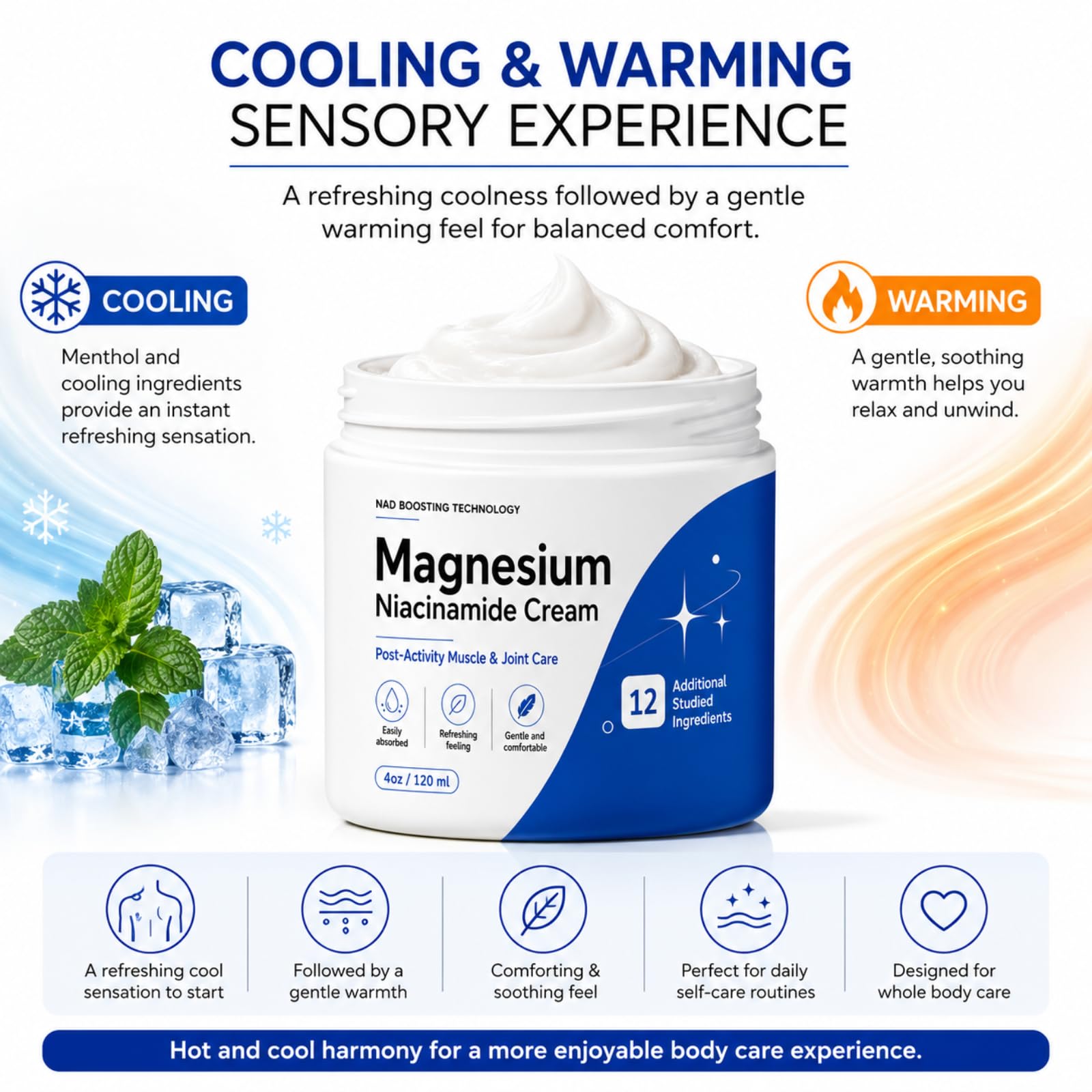 Magnesium Niacinamide Relief Cream- Magnesium Chloride & Niacinamide Body Cream, Cooling Moisturizing Formula for Neck, Back, Knees, Legs & Feet, Lightweight Fast-Absorbing Non-Greasy Skin Care, 4 oz