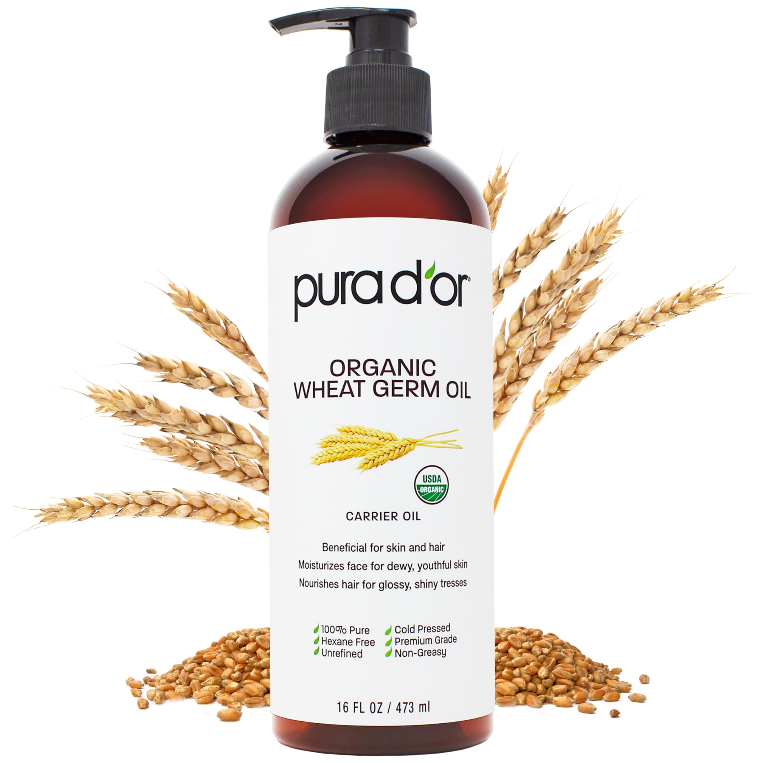 PURA D'OR 16 Oz ORGANIC Wheat Germ Oil - 100% Pure & Natural USDA - PURA D'OR Official Product View 2