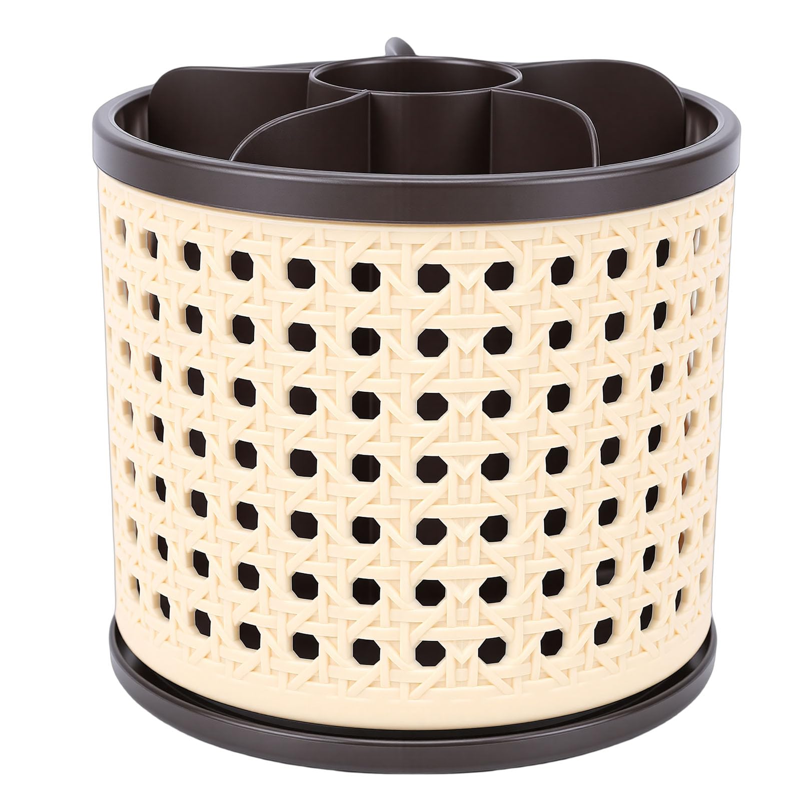 Serounder 360° rotating makeup brush holder organizer in brown with multiple compartments for brushes and cosmetics.