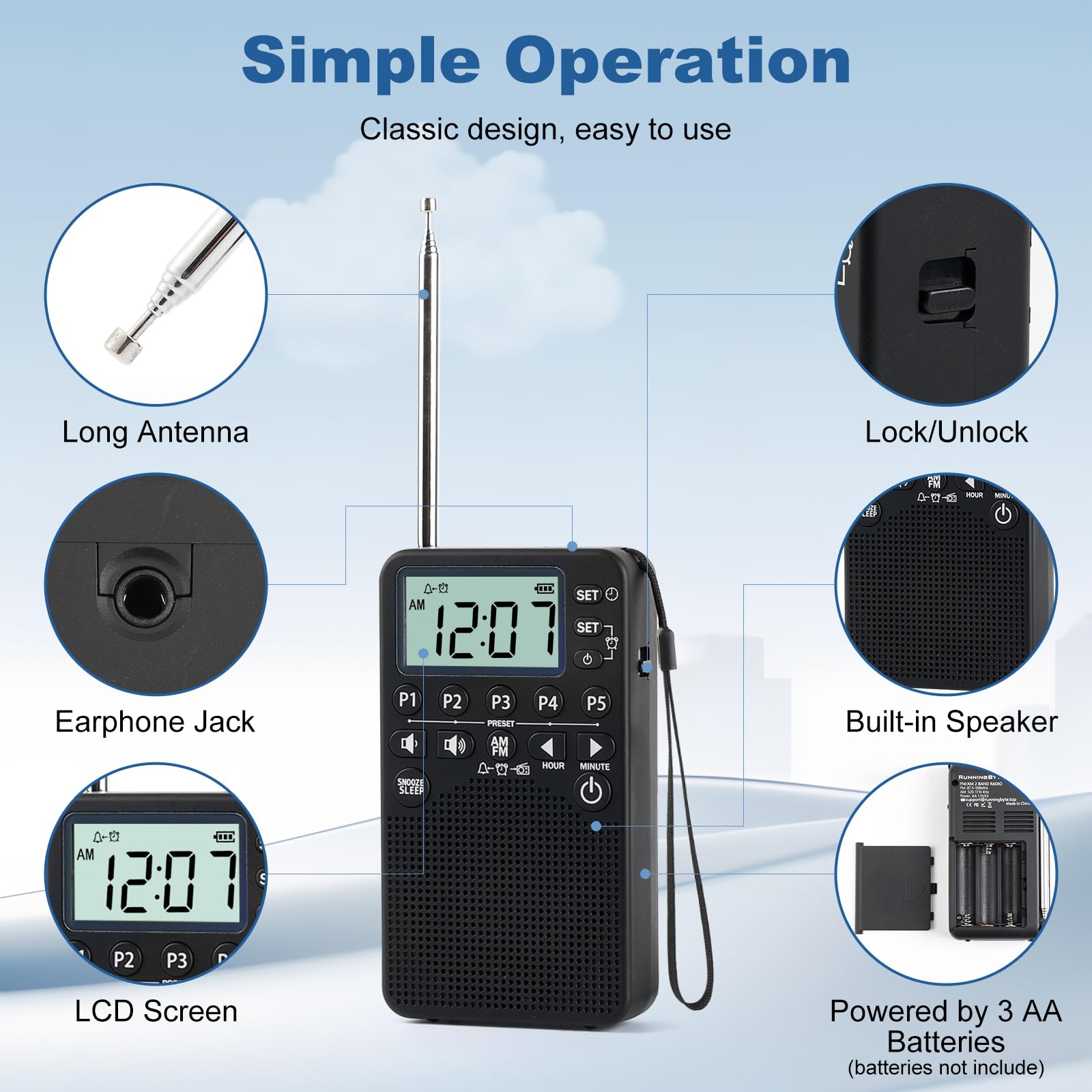 Portable AM/FM Radio | Alarm Clock, Sleep Timer & LCD
