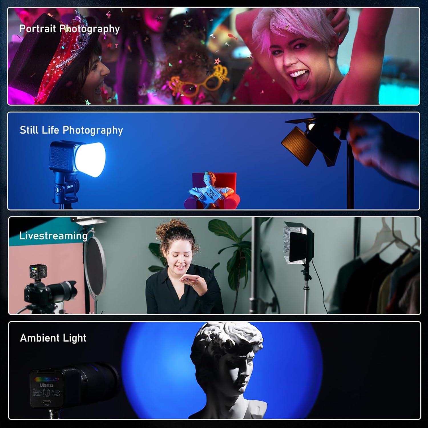 ULANZI L3 RGB LED video light with magnetic mount, adjustable color temperature 2700K-7000K, for camera lighting and videography.