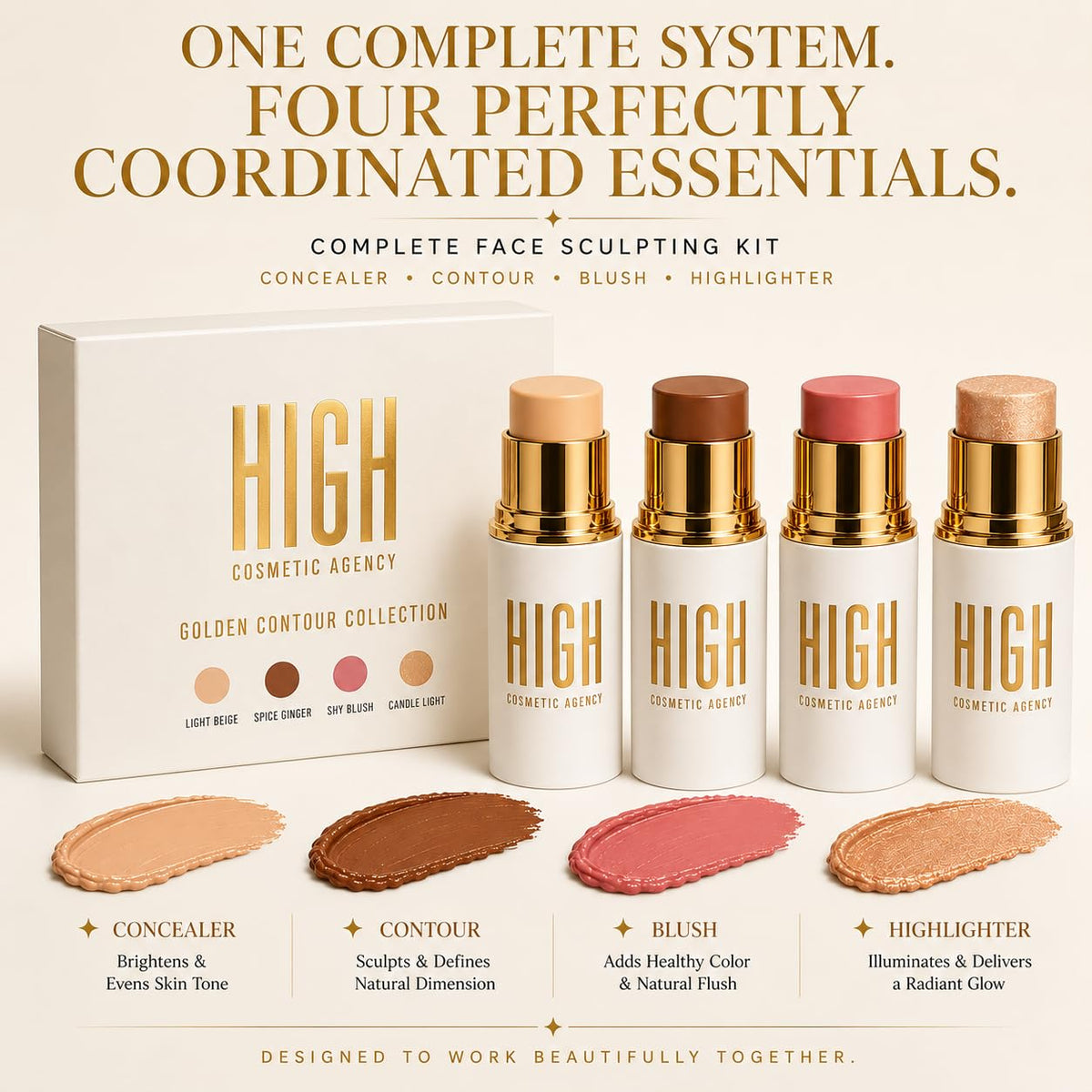Golden Complete Face Sculpting Kit 4 Piece Cream Stick - HIGH COSMETIC AGENCY Official Imagery - 3