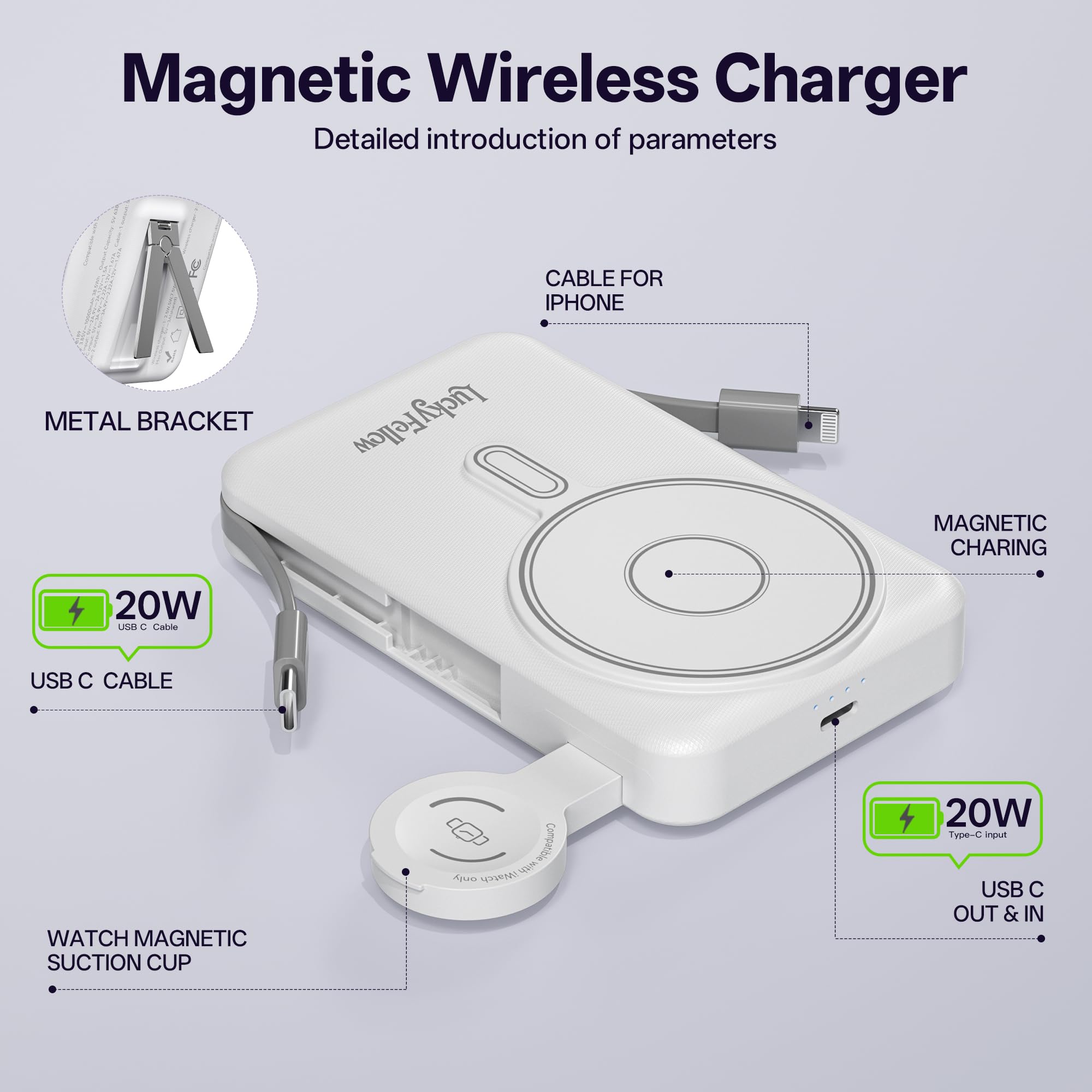 Magnetic Portable Charger Built in Cables 10000mAh Fast - LUCKYFELLOW Official Imagery - 7