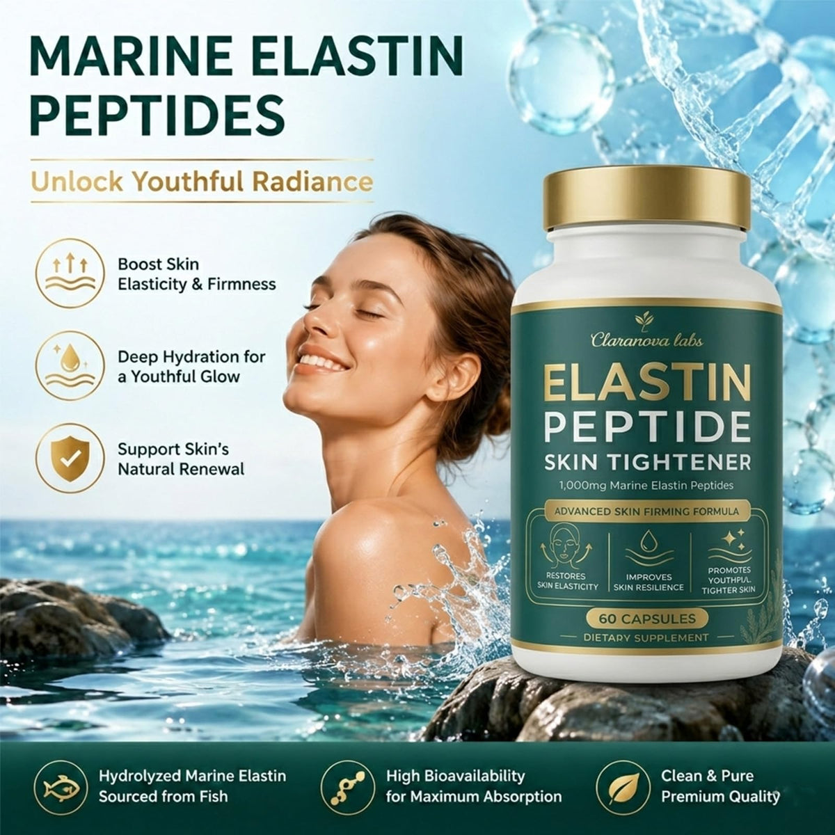 Elastin Peptides Skin Tightening Formula 60 Capsules - Claranova Labs Official Imagery - 5