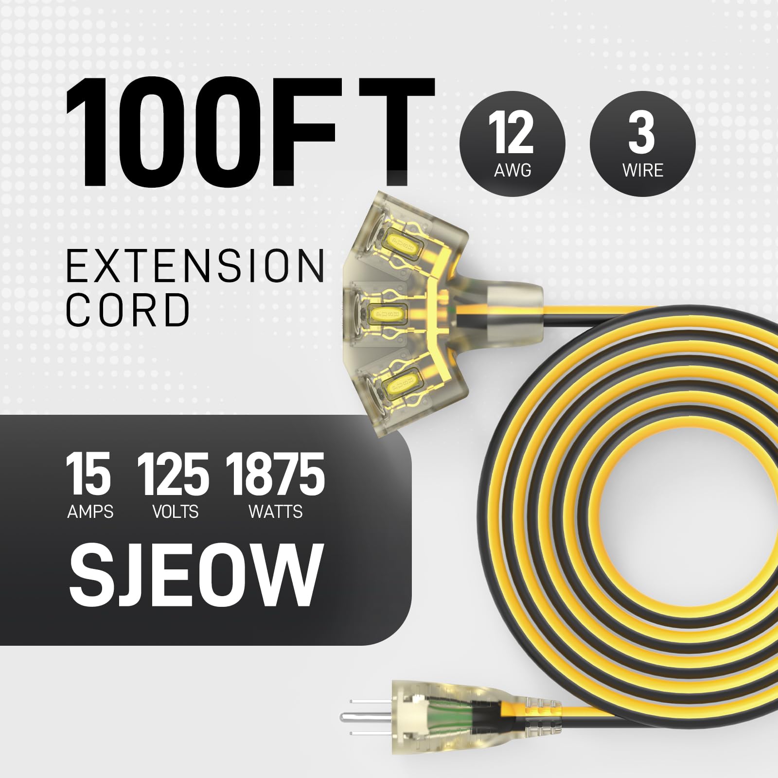 PRIMOWIRE 100ft 12/3 Heavy Duty 3-Outlet LED Locking Plug Outdoor - PRIMOWIRE Official Product View 2
