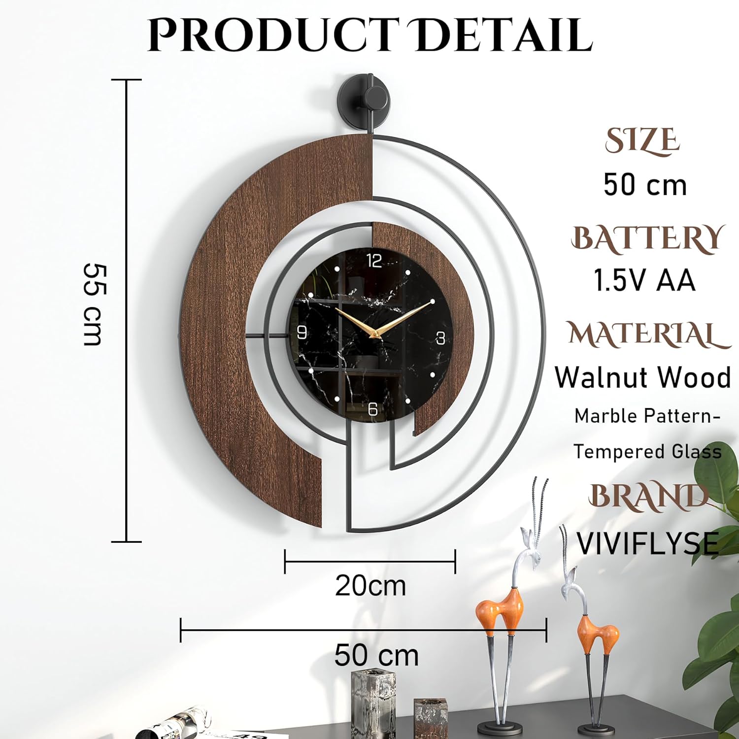 Modern walnut marble dial wall clock by VIVIFLYSE with large wooden and metal frame, silent movement, suitable for contemporary decor.