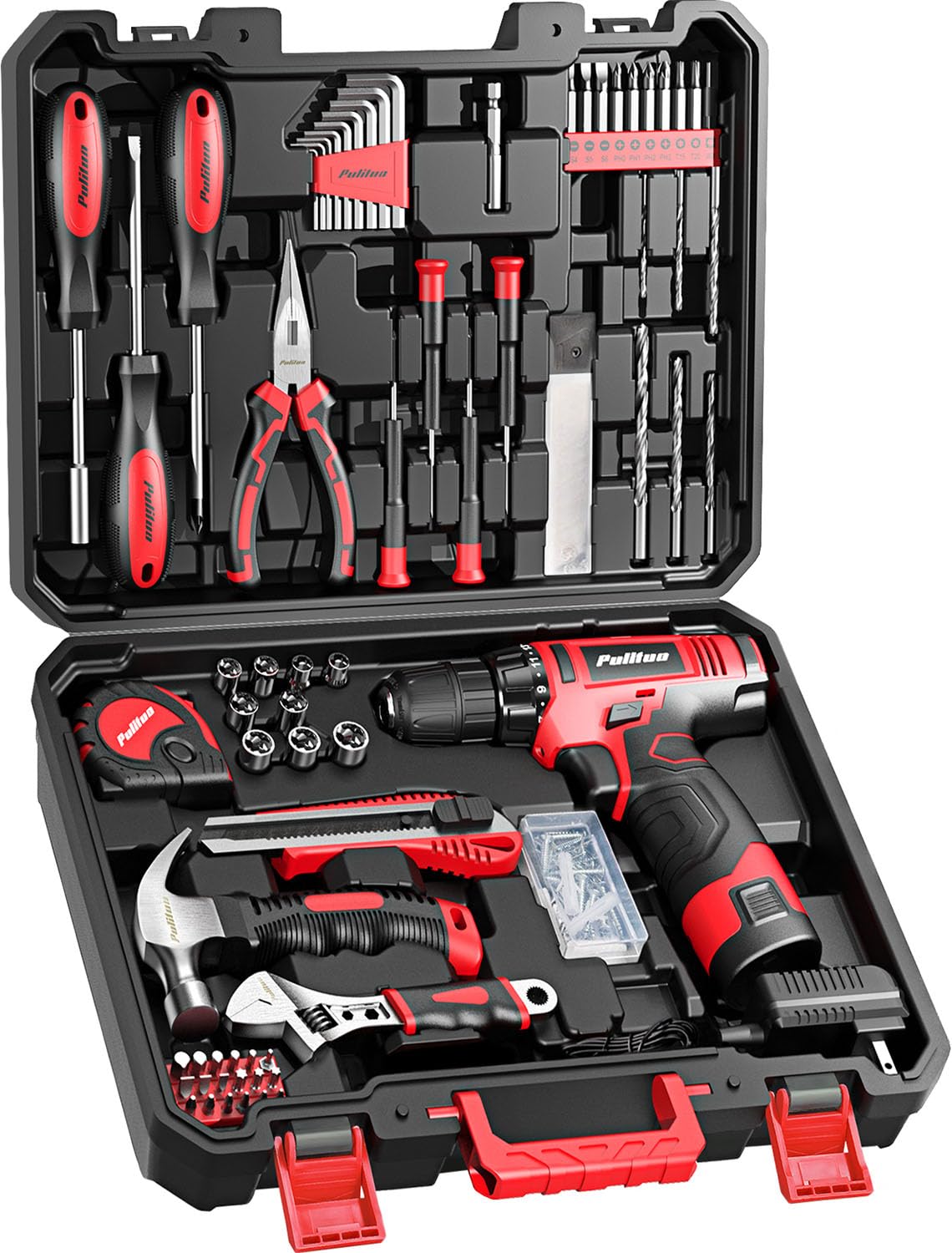 PULITUO 149 Piece Home Drill Set with Red 12V Cordless Drill - PULITUO Official Imagery - 2