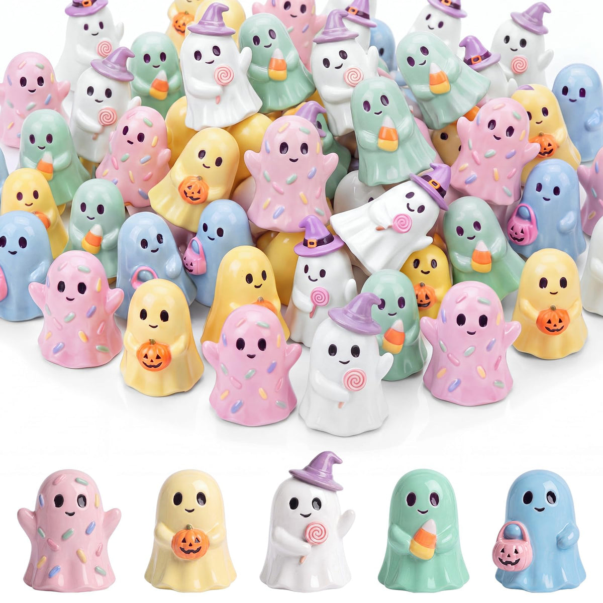 Qunclay 100 Pcs Halloween Ghosts Figurines Decor Pastel Tiny - Qunclay Official Imagery - 1