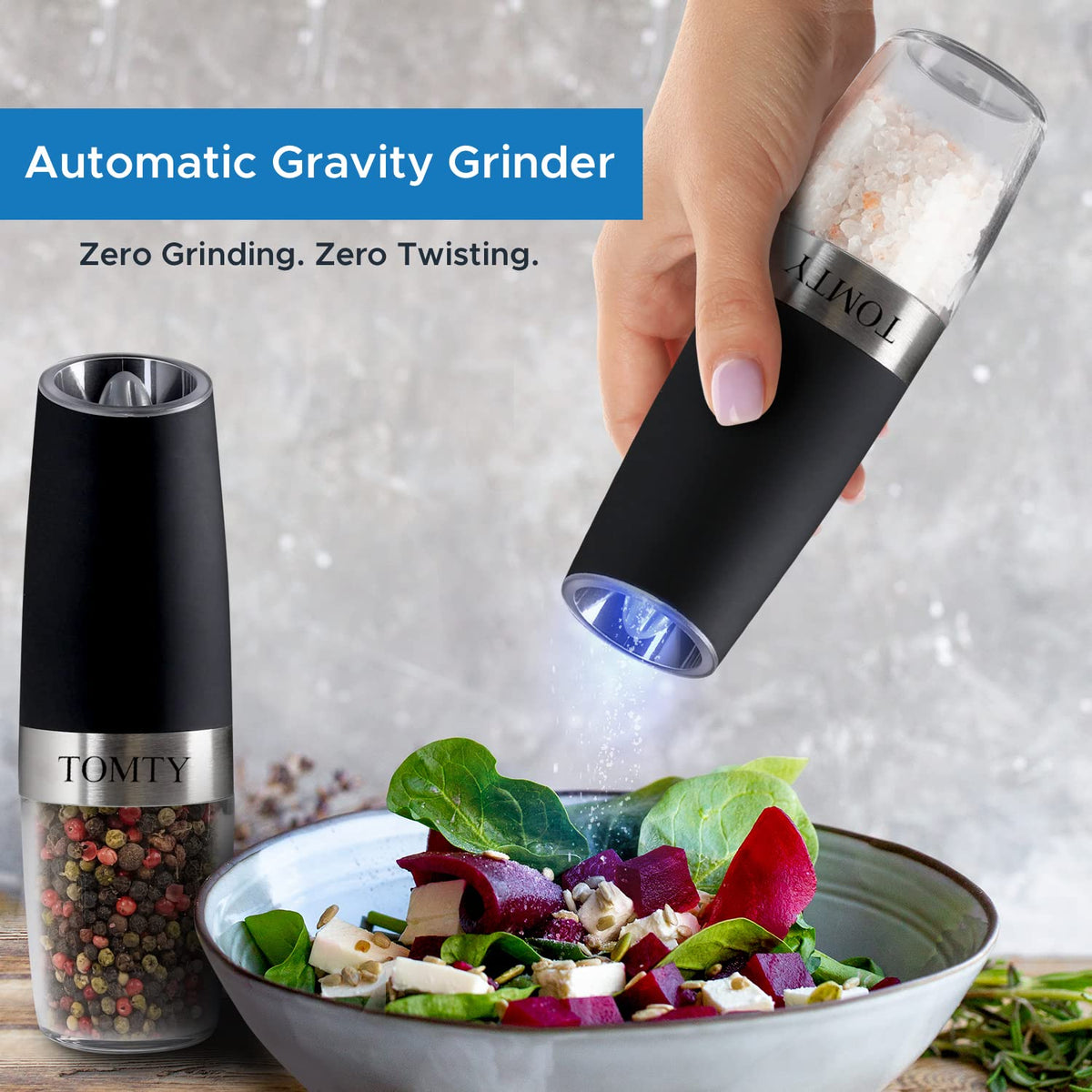 Gravity Electric Salt and Pepper Grinder Set White Elephant - TOMTY Official Imagery - 7