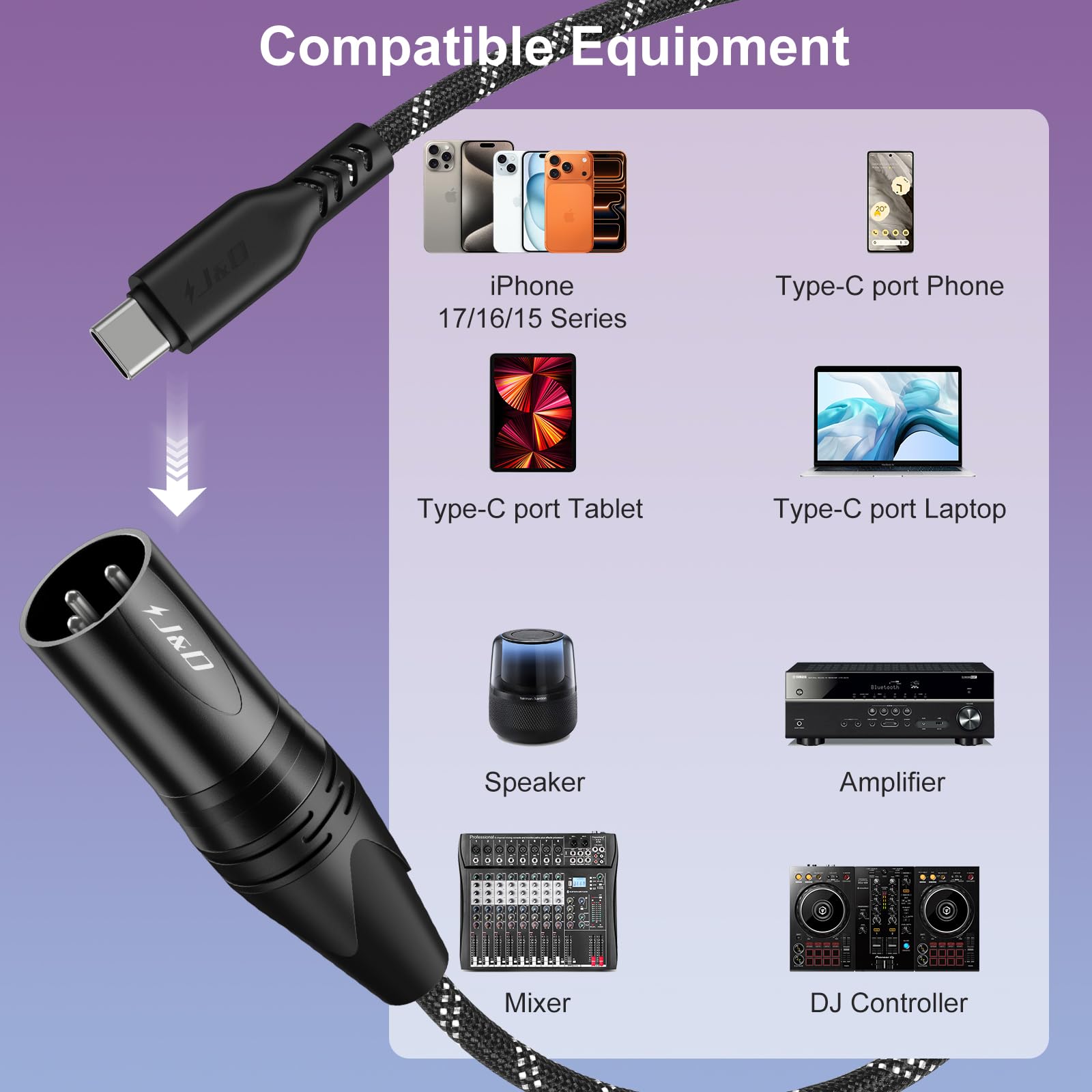 J&D USB Type C to XLR Male Mono Audio Output Cable, USB C to XLR by J&D - Angle View 4