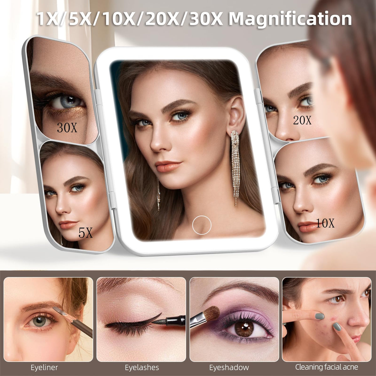 Tri fold Vanity Mirror with Light 1X 5X 10X 20X 30X Makeup - Junyaoxuan Official Imagery - 4