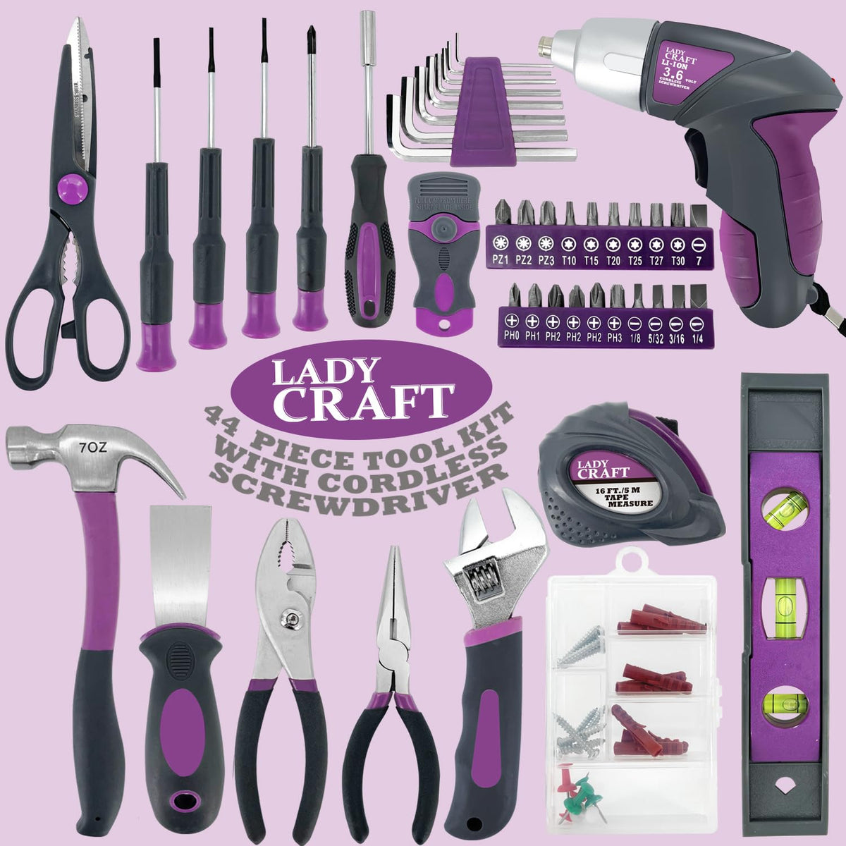 44Pcs Lady Tool kit 4V Purple Poewer Screwdriver Set Home - werktough Official Imagery - 4