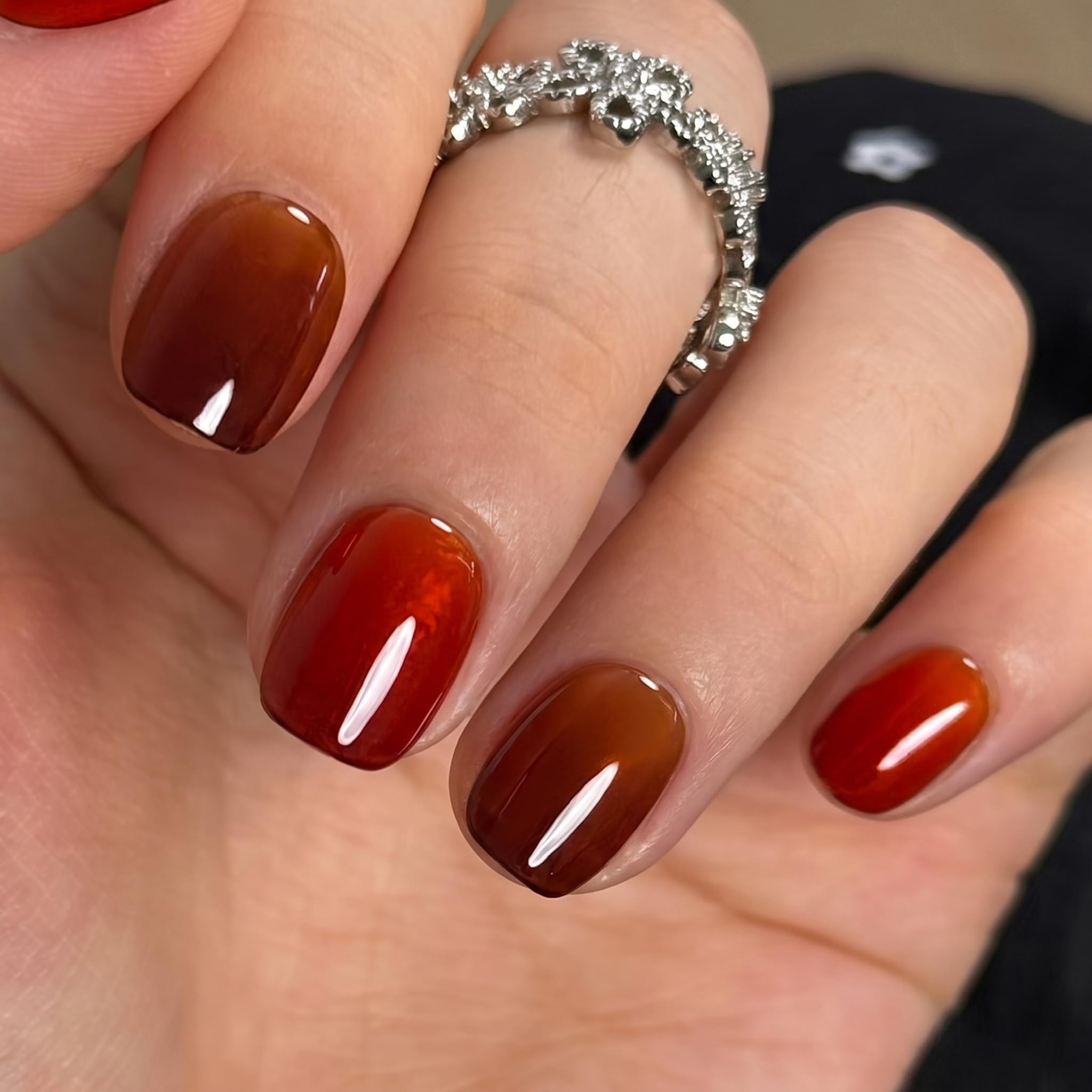 CurvLife Jelly Glaze extra short square press-on false nails in persimmon brown red with a glossy finish.
