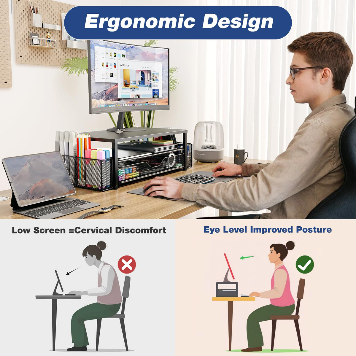 Desk Organizer and Accessories 2 Tier Computer Monitor Stand - OPNICE Official Imagery - 7