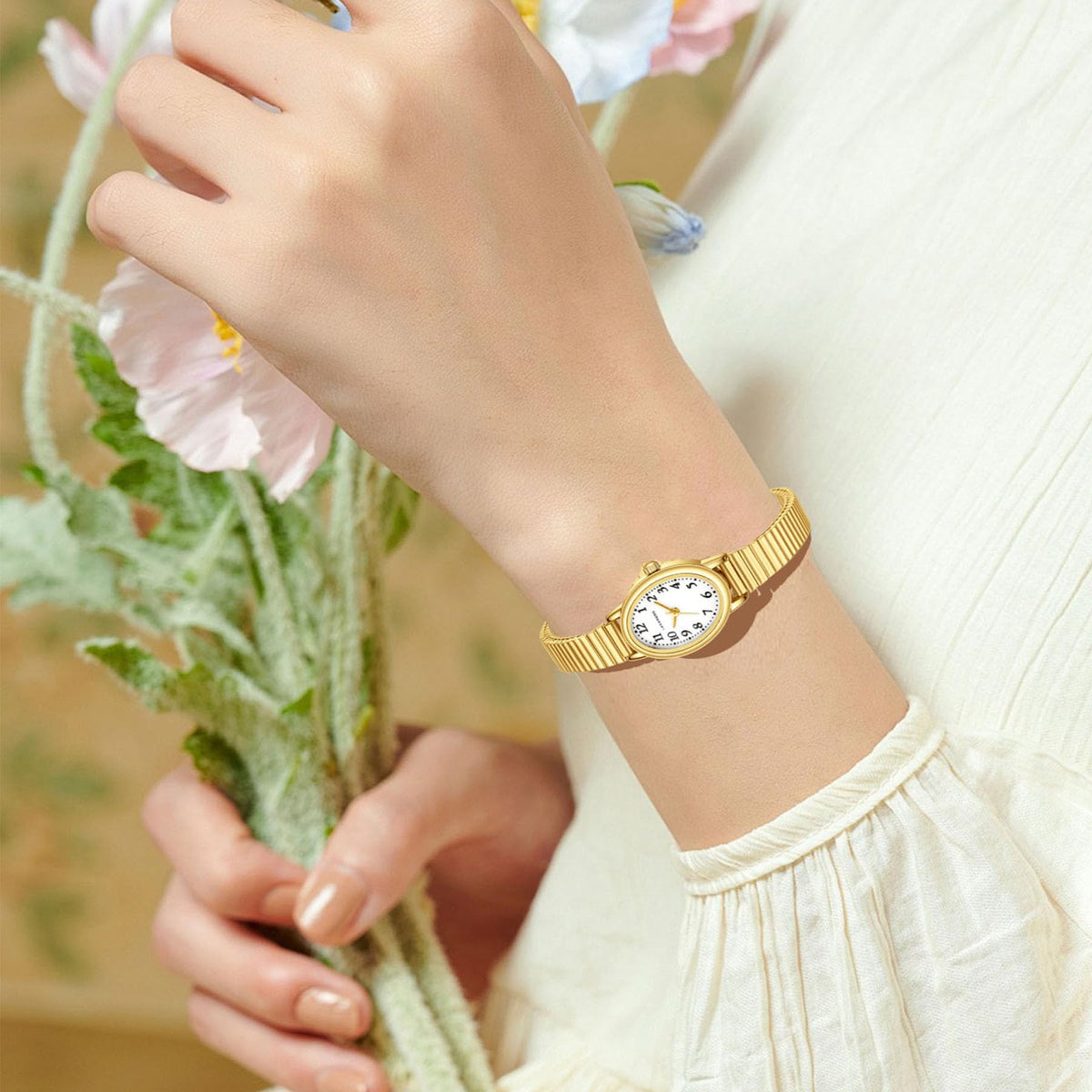 Small Gold Watch for Women Oval Case Analog Steel Expansion - VTAIGE Official Imagery - 3
