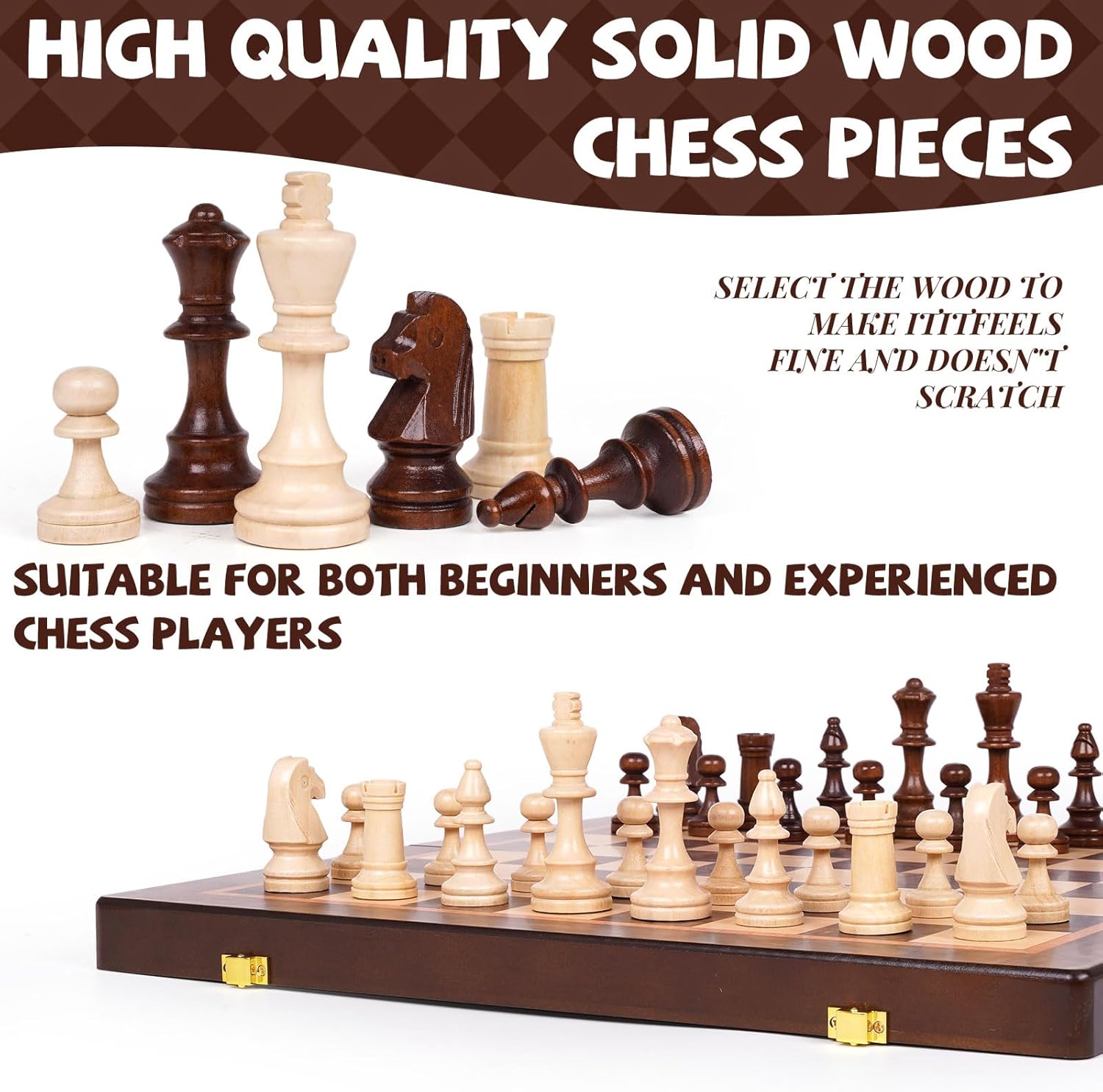 Magnetic 15-inch wooden chess set with storage and folding design, ideal for travel and easy gameplay by XAOHAO.