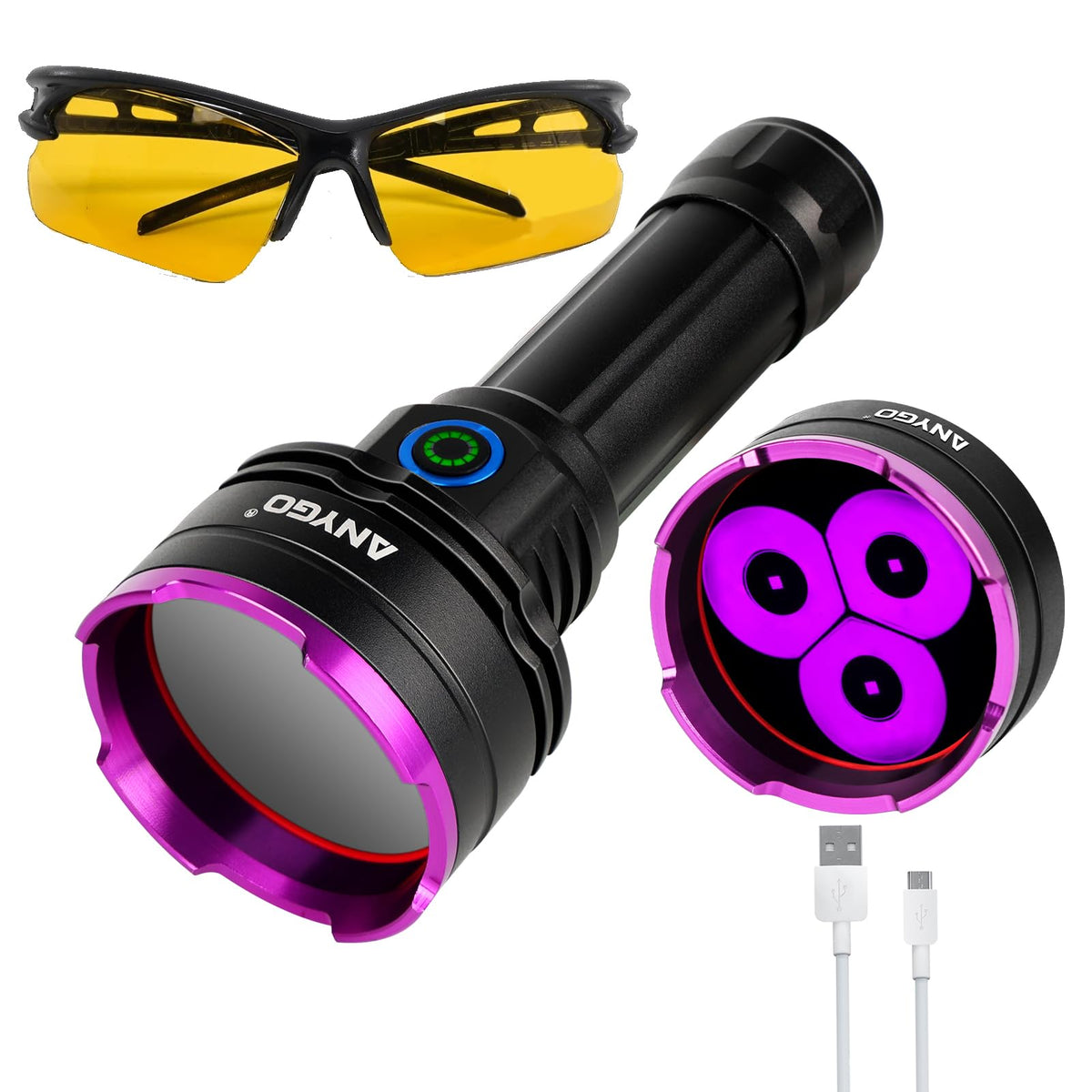 365nm UV Flashlight 30W Rechargeable Black Light with Filter - ANYGO Official Imagery - 2