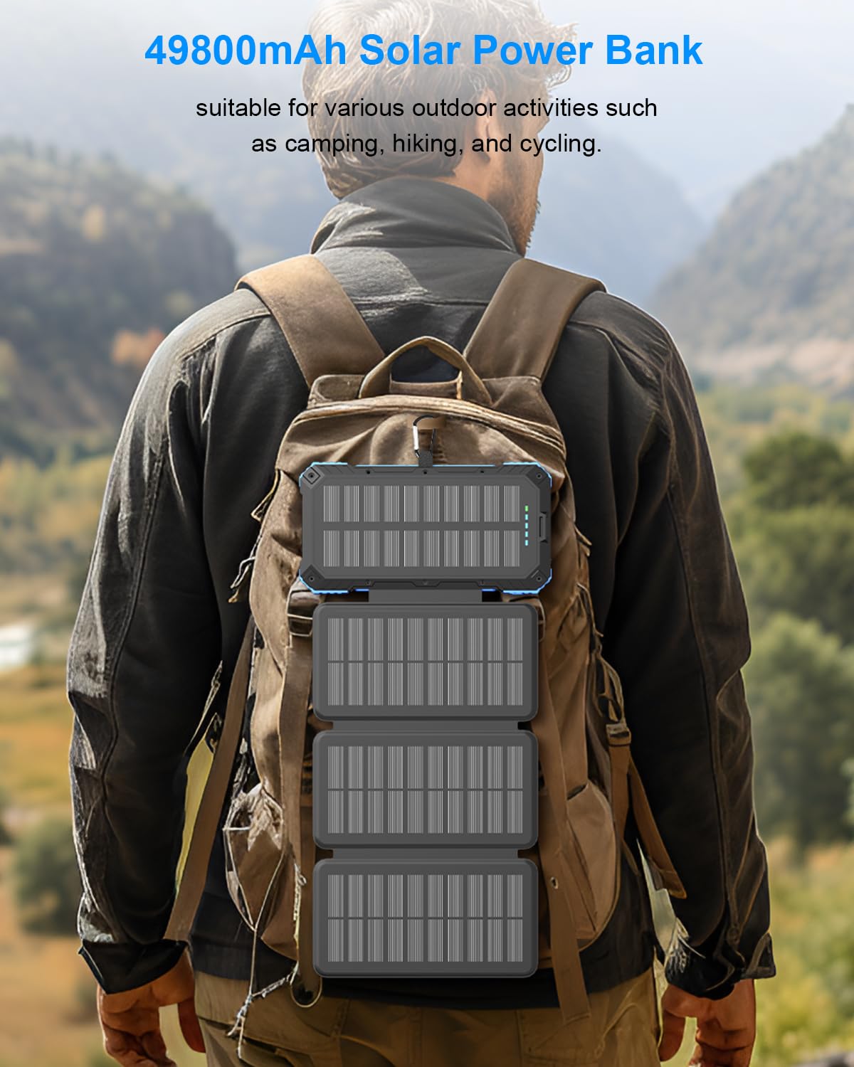 Person with a backpack featuring a solar power bank in a mountainous outdoor setting