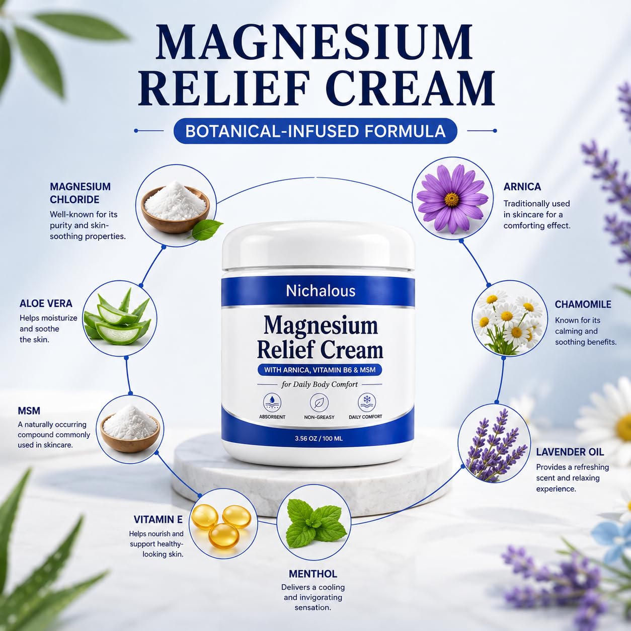 Nichalous Magnesium Relief Cream with Arnica & Lavender 3.56oz