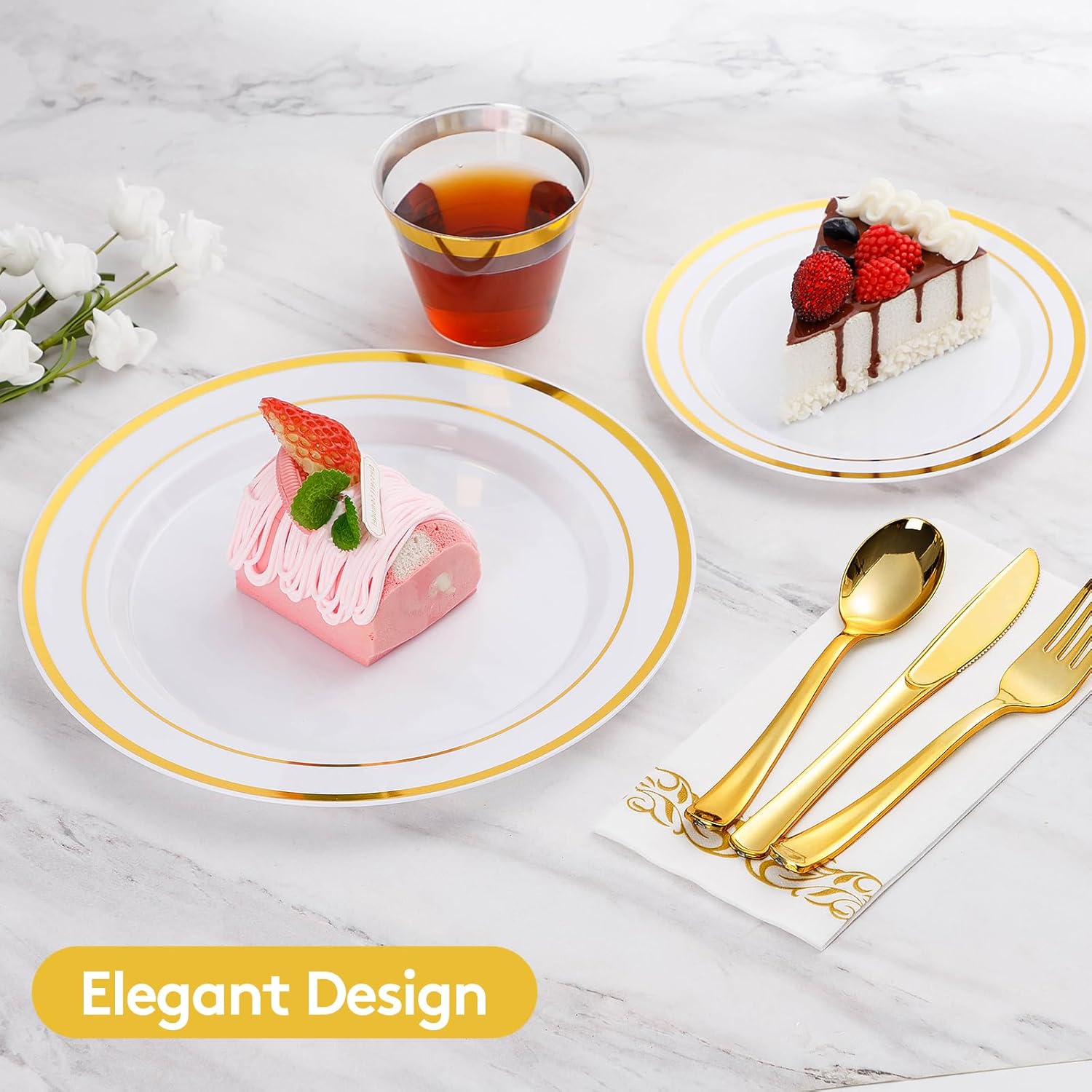 Goodluck 700-piece gold disposable dinnerware set with plates, cups, and utensils for 100 guests, ideal for parties and celebrations.