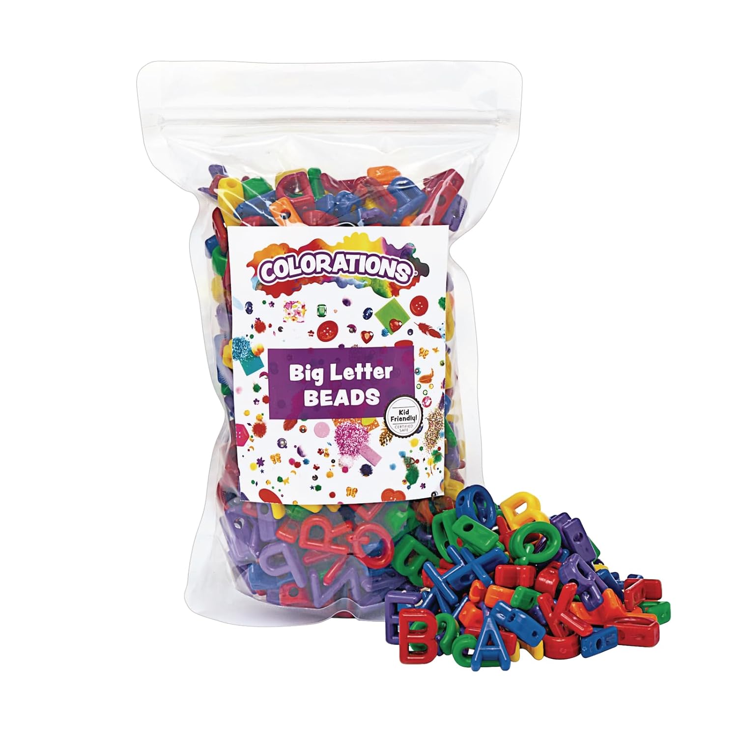 Colorations LETBD Big Letter Beads in vibrant plastic, 300-piece set for arts and crafts, featuring colorful alphabet letters.