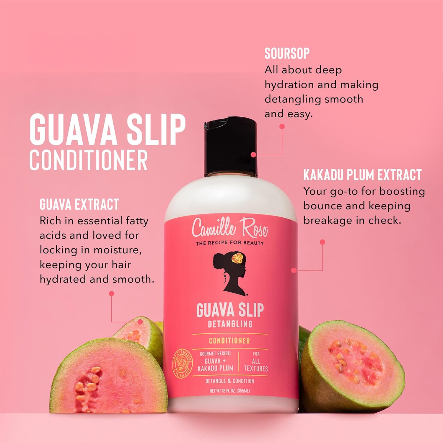 Camille Rose Guava Slip Detangling Conditioner bottle with guava and Kakadu plum ingredients, designed for smooth, manageable hair.