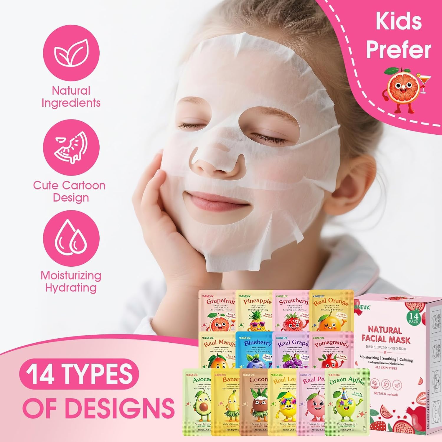 14 Pack Fruit Face Masks Skincare for Kids, Sheet Hydrating Facial Mask - KONEUK Official Product View 5